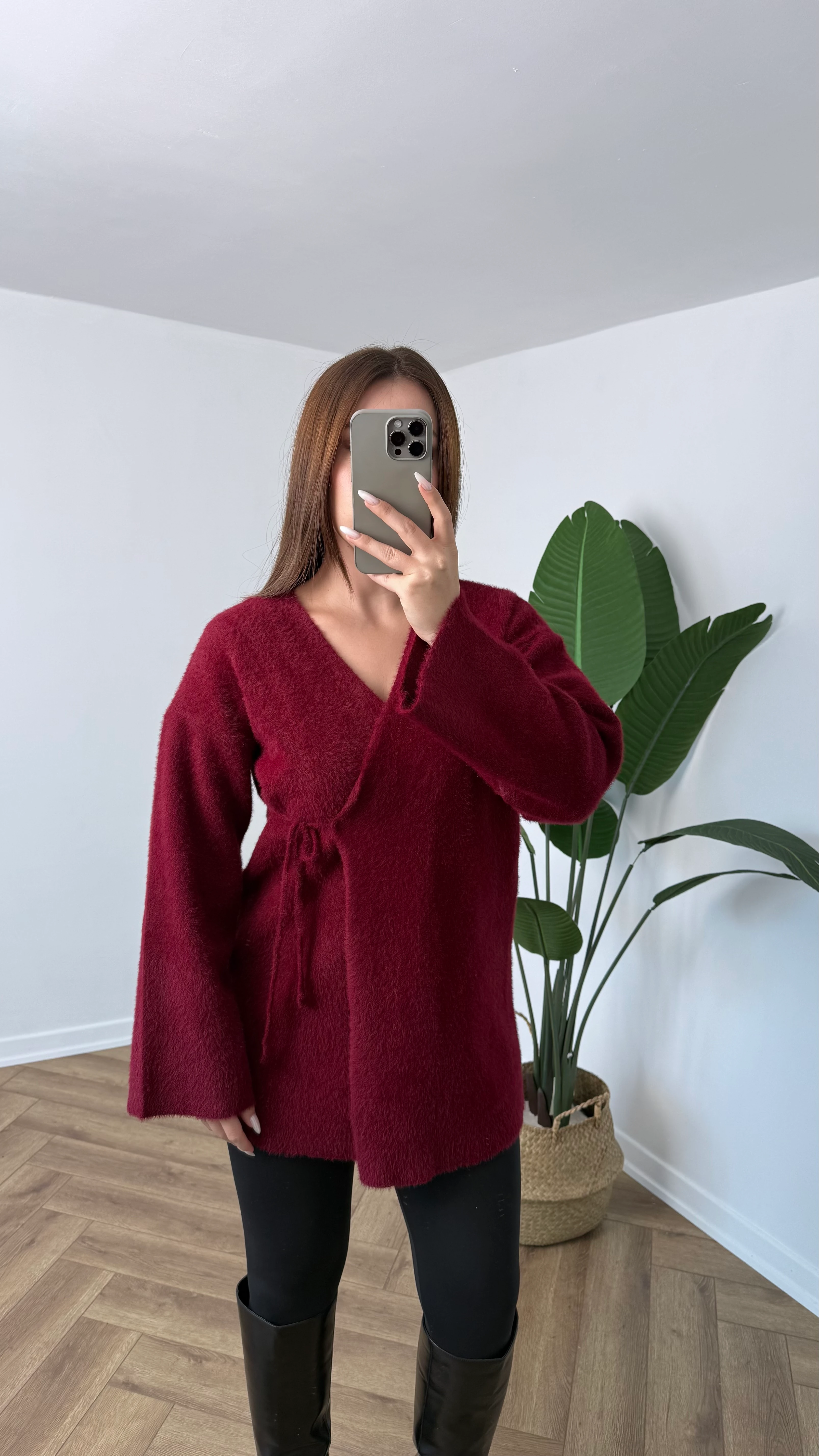 Yeni Sezon Uzun Yandan Bağlama Sakallı Kimono - Bordo