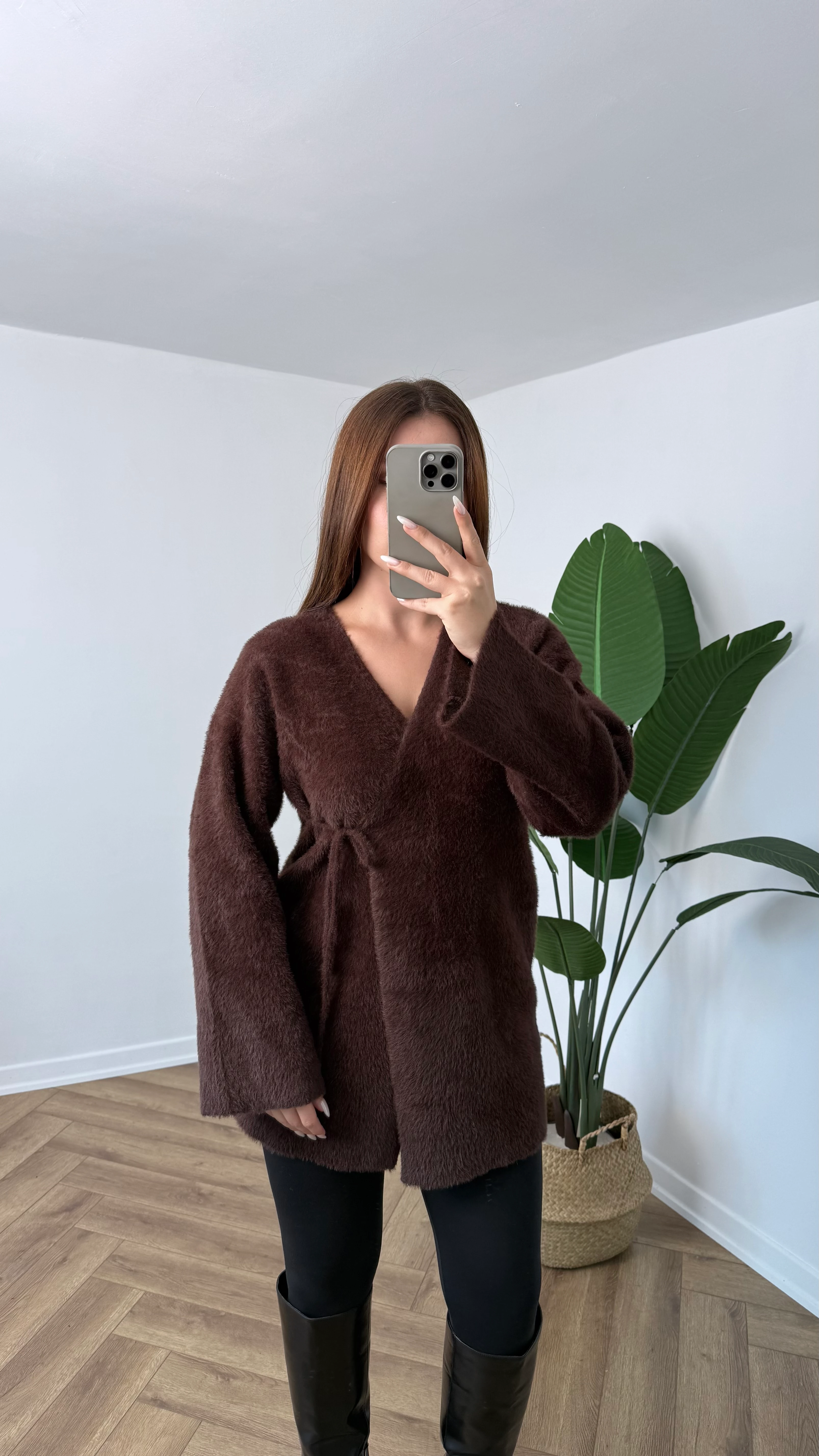 Yeni Sezon Uzun Yandan Bağlama Sakallı Kimono - Kahverengi