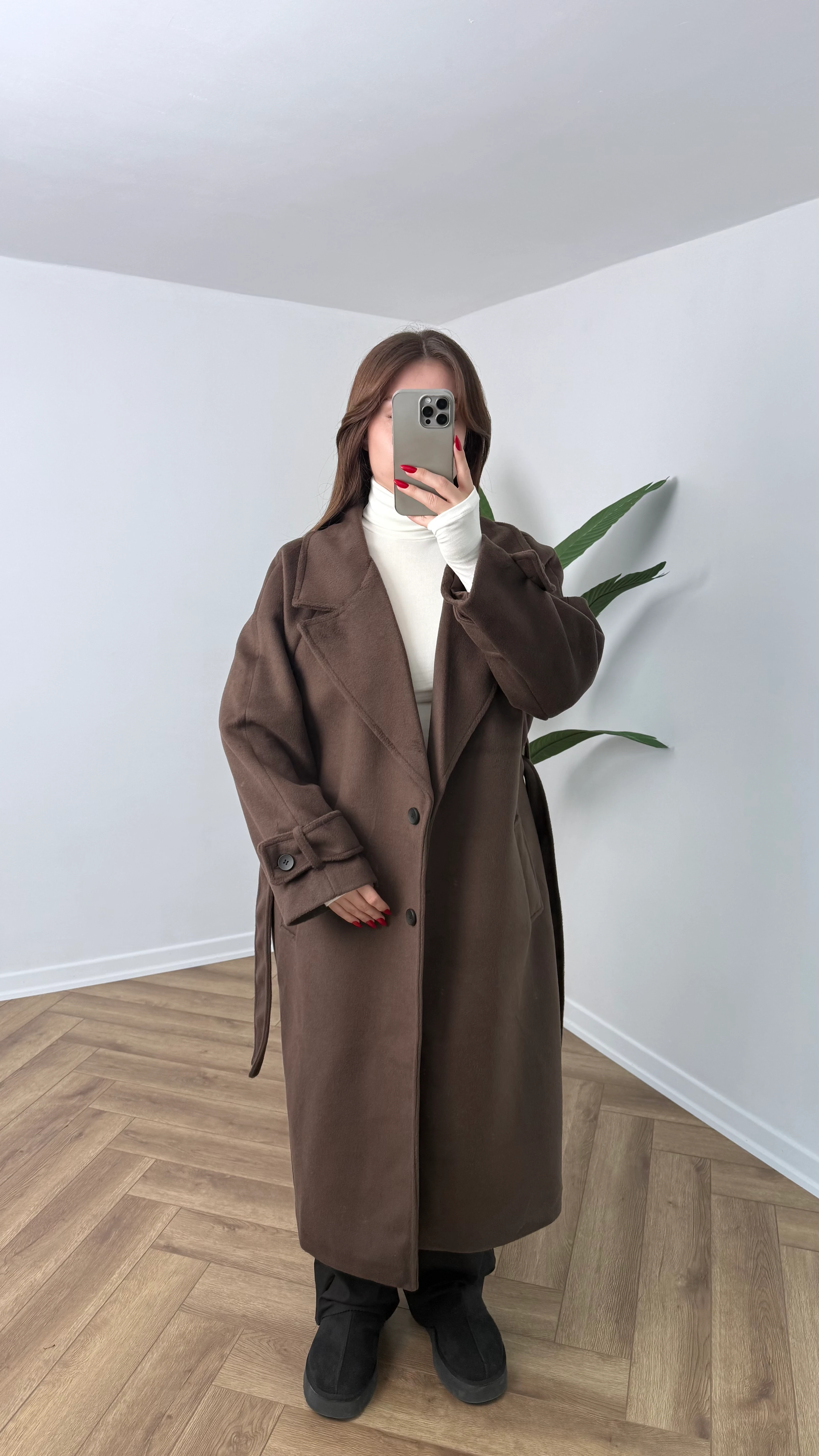 Yeni Sezon Premium Kaşe Uzun Düğme Detay Bağlamalı Kaban - Kahverengi