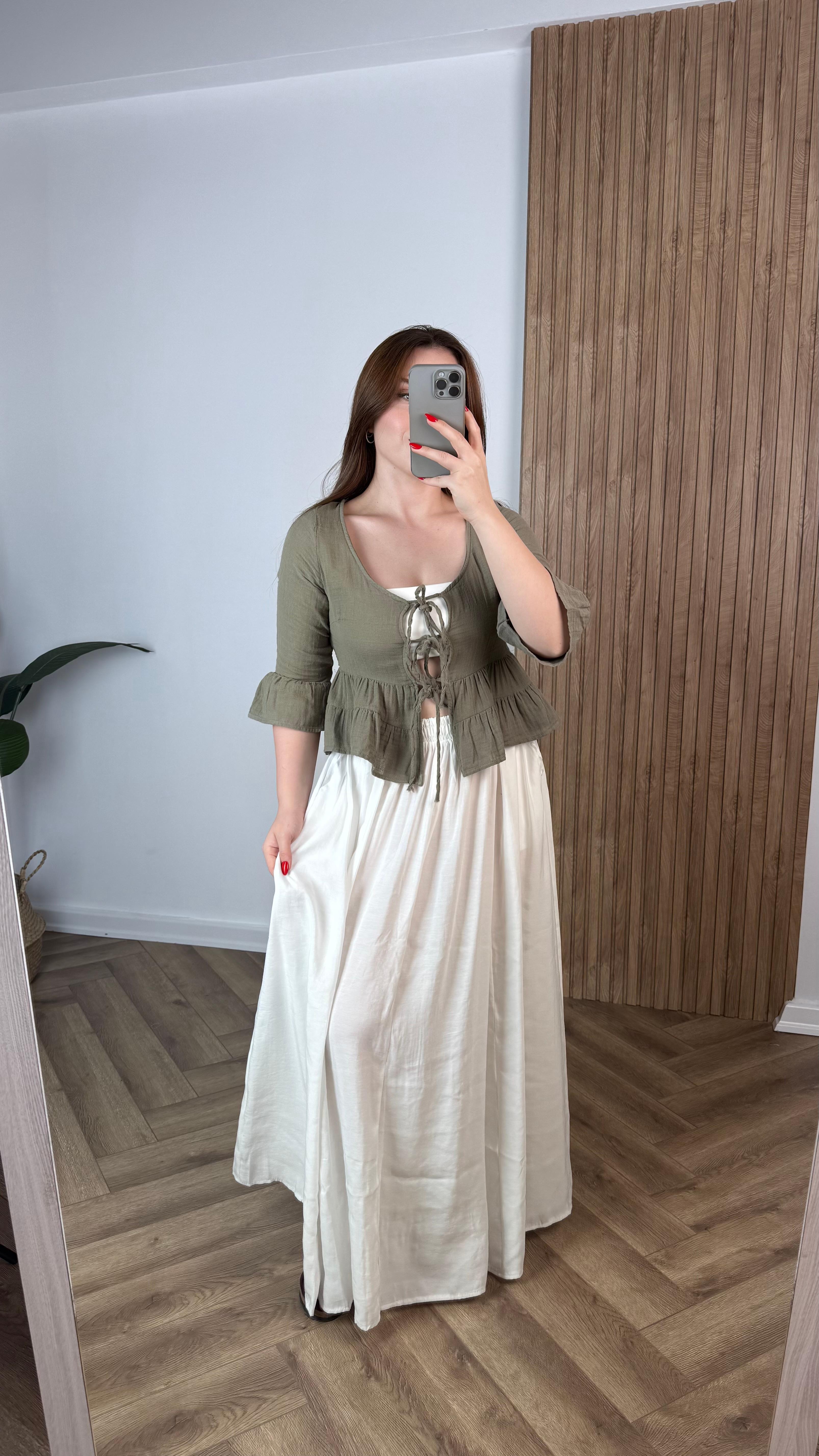Yeni Sezon Bağlamalı Crop Yarım Kol Bluz - Haki