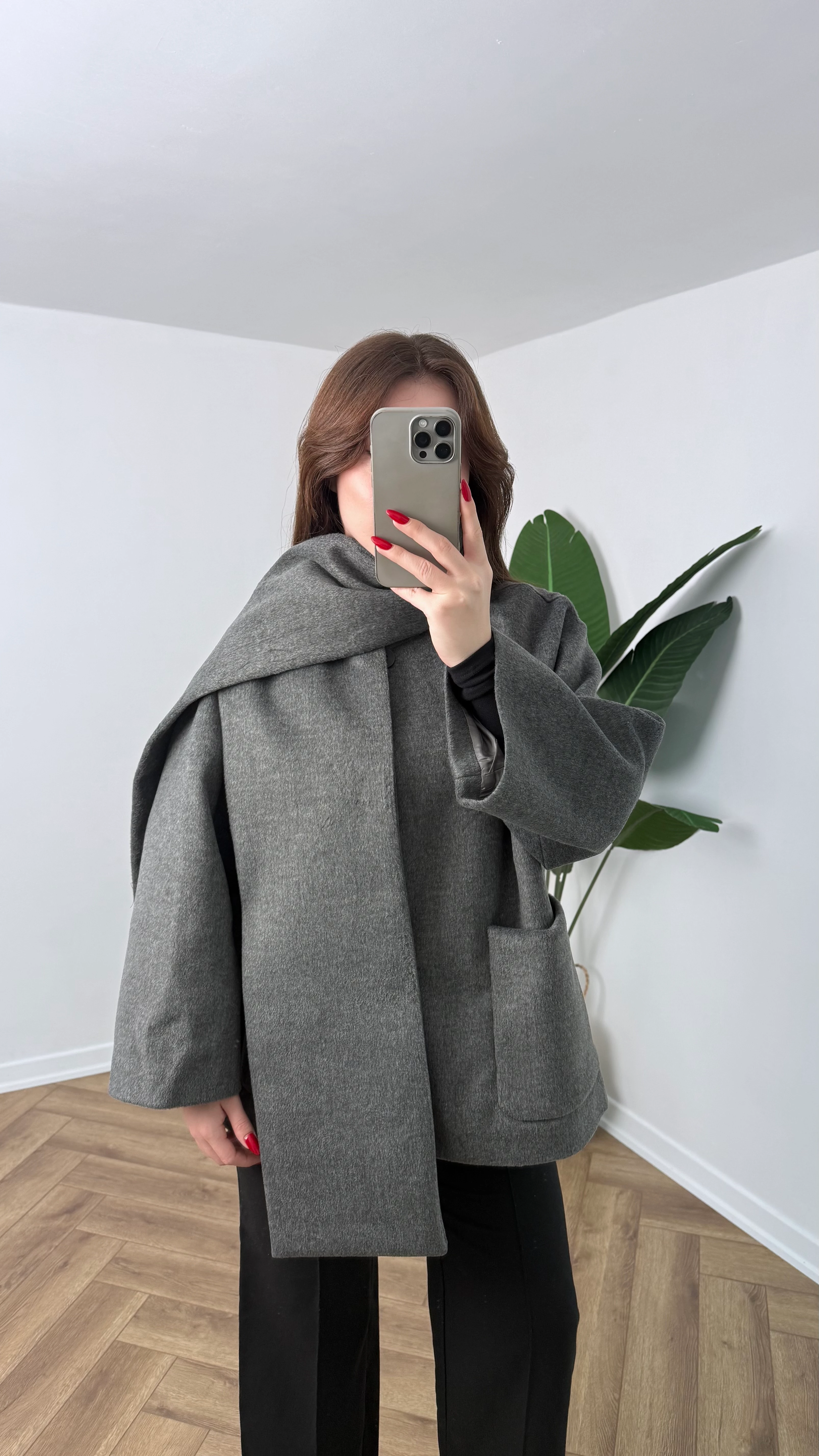 Yeni Sezon Premium Kaşe Atkılı Kaban - Antrasit