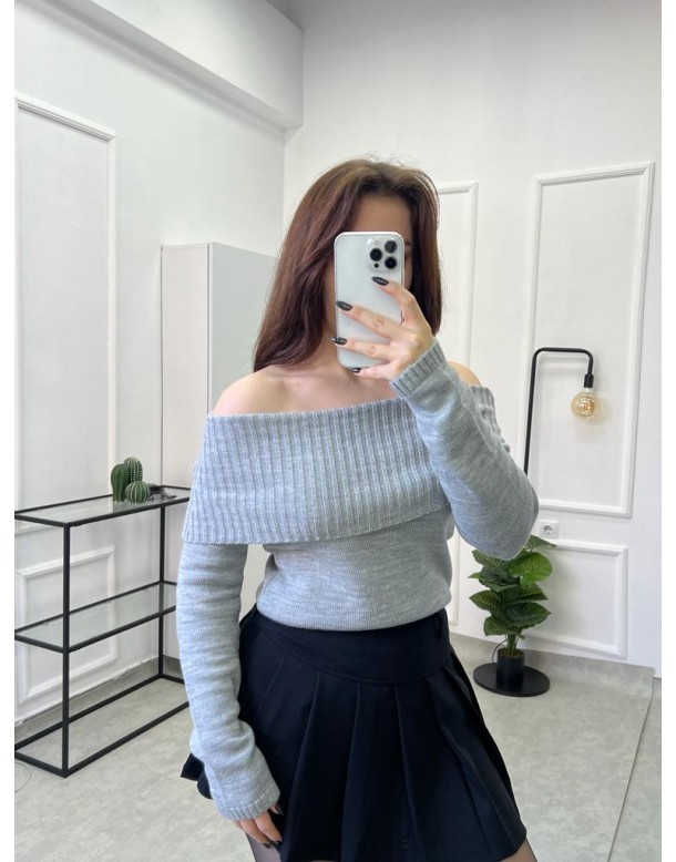Kayık Yaka Muadil Pinterest Gri Kazak
