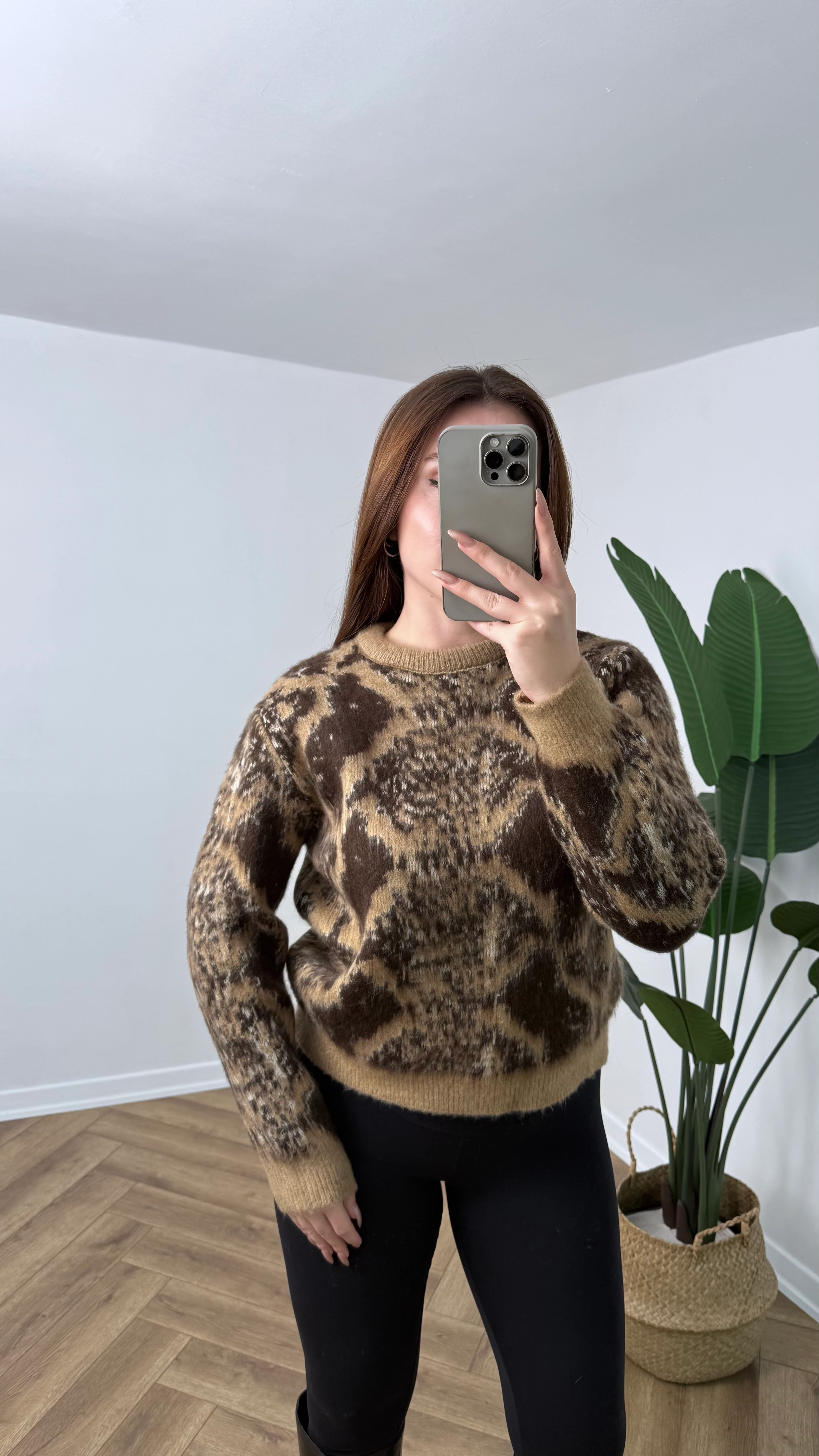 Yeni Sezon Örgü Desenli Premium Kazak - Kahverengi