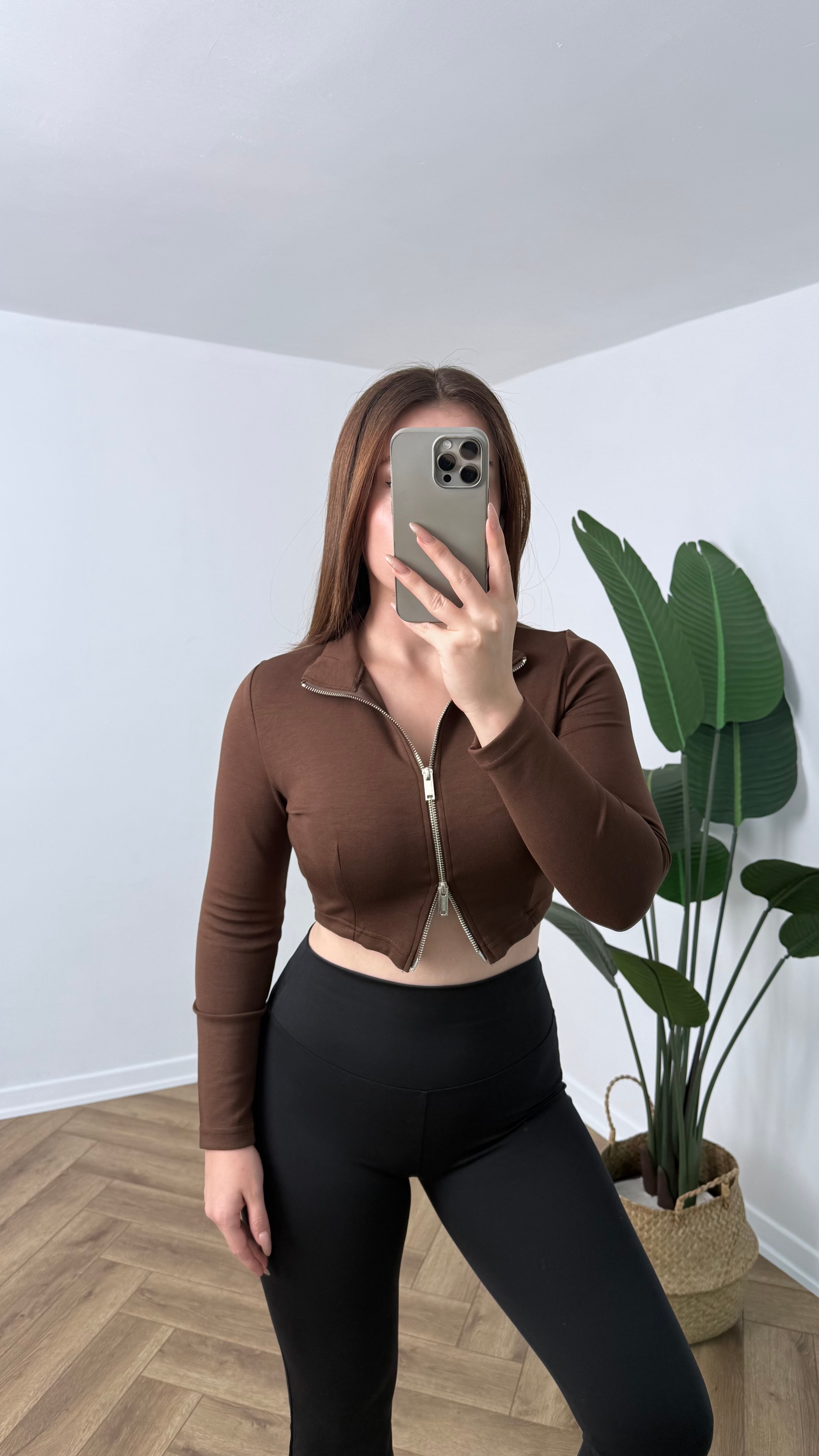 OYS Çift Fermuarlı Crop Modal Ceket - Kahverengi