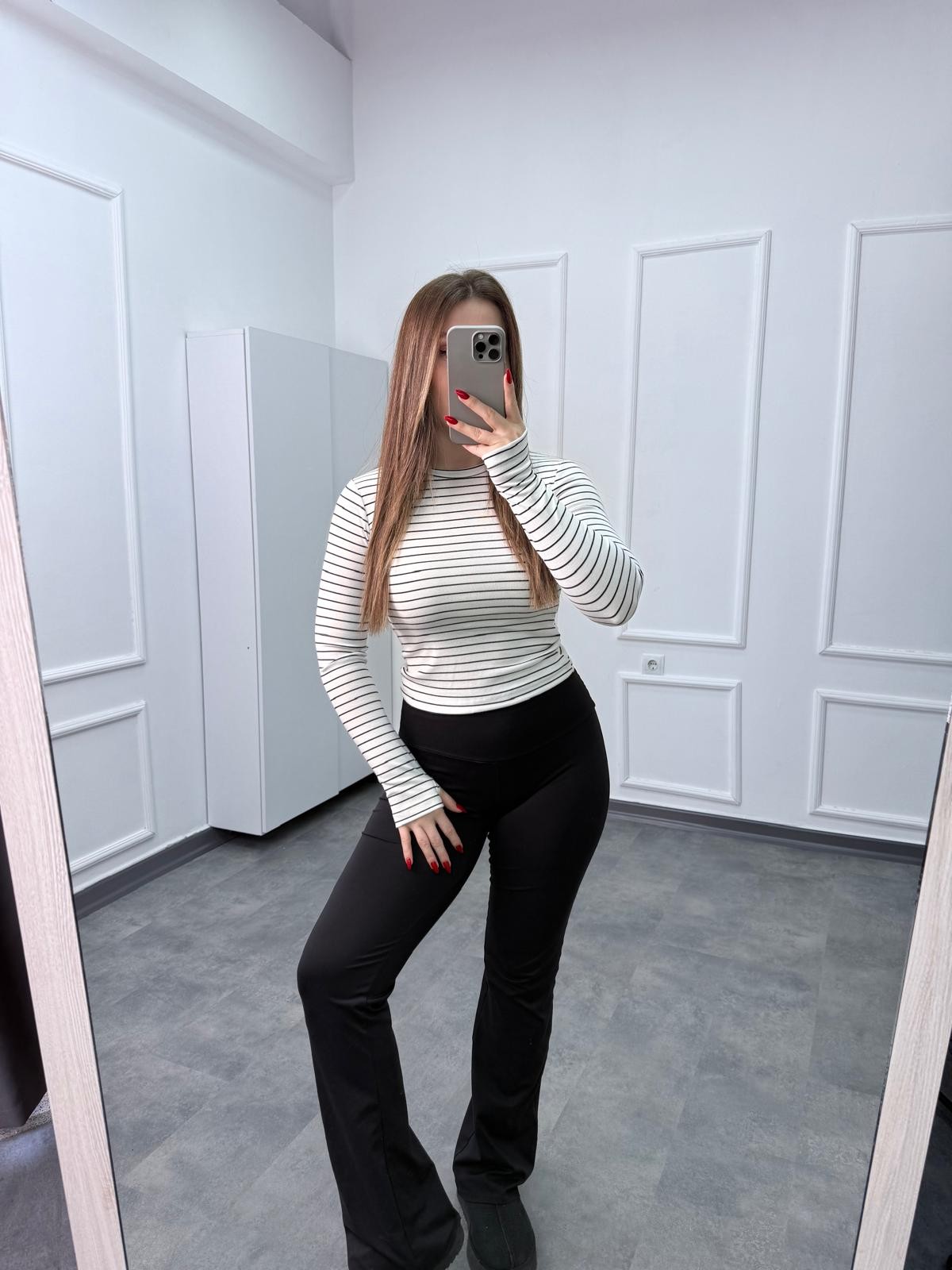 OYS Çizgili Pamuk Penye Parmak Geçmeli Orta Bel Body - Ekru