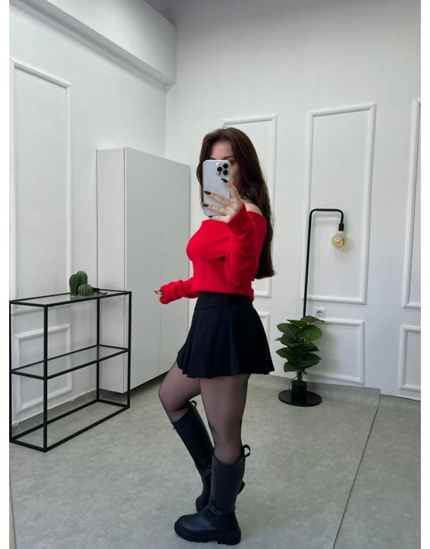 Kayık Yaka Muadil Pinterest Kırmızı Kazak