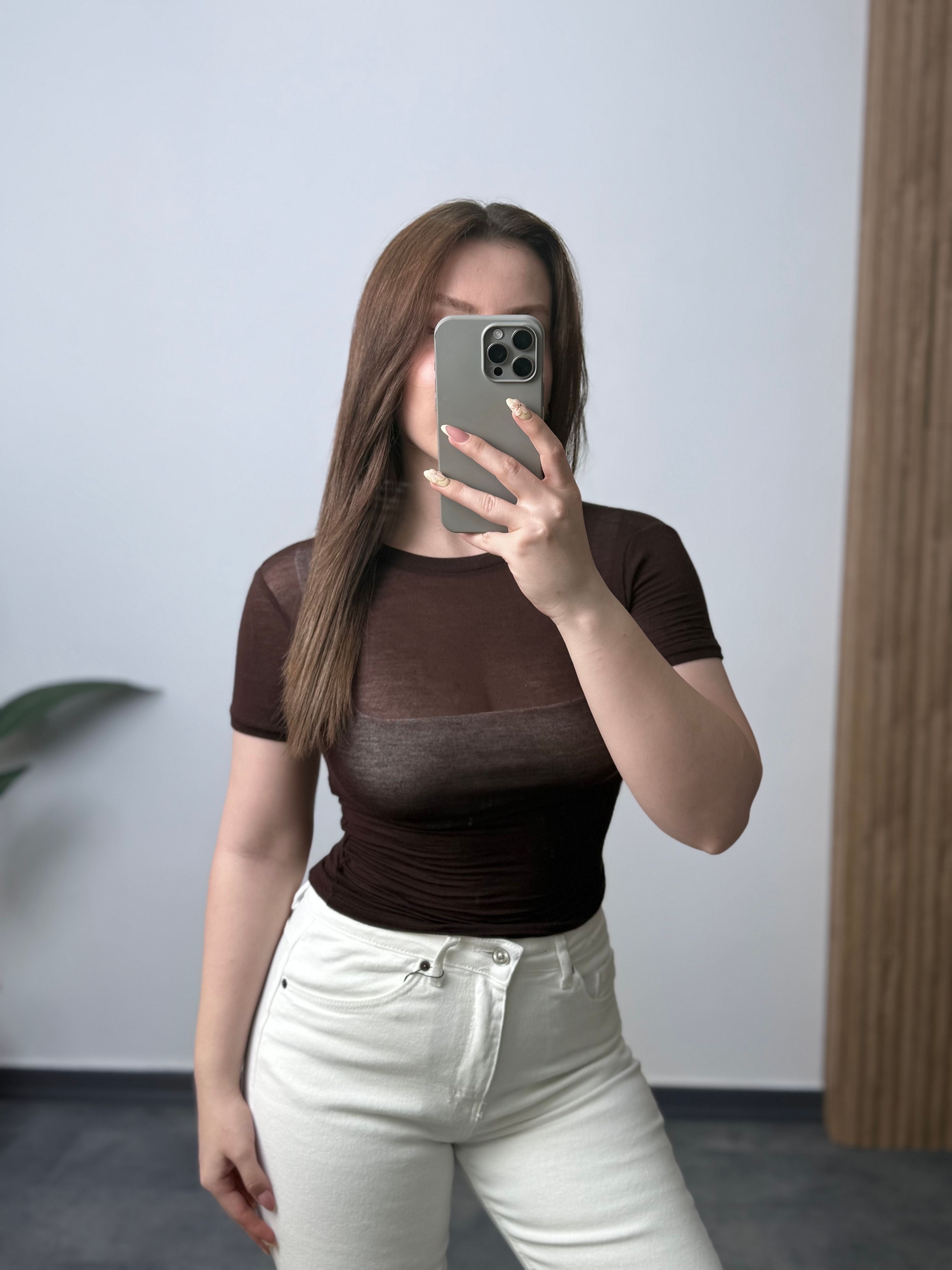 OYS Kısa Kollu Yuvarlak Yaka Transparan Body - Kahverengi