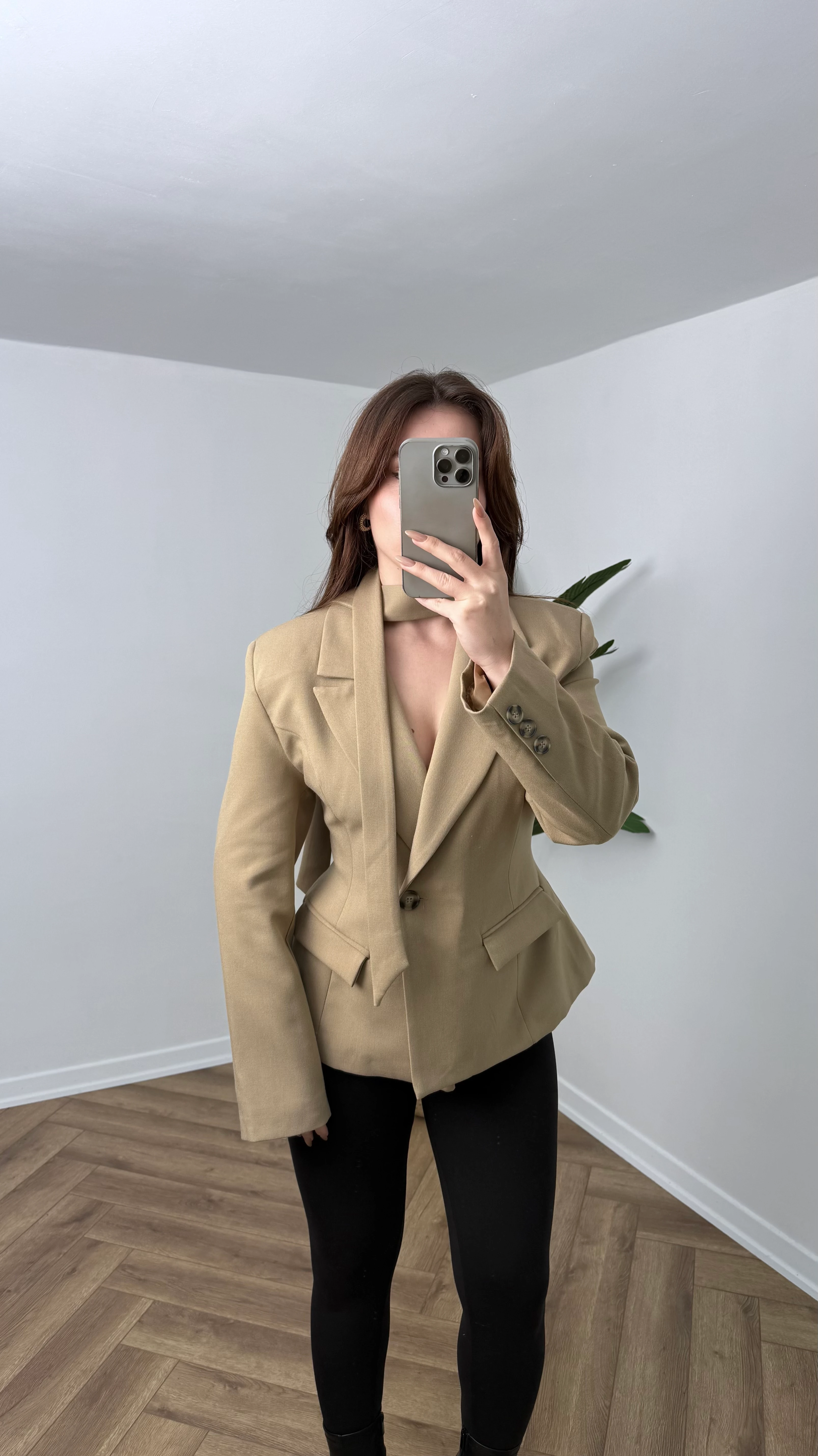 Yeni Sezon Premium Boyun Detaylı Blazer Ceket - Camel