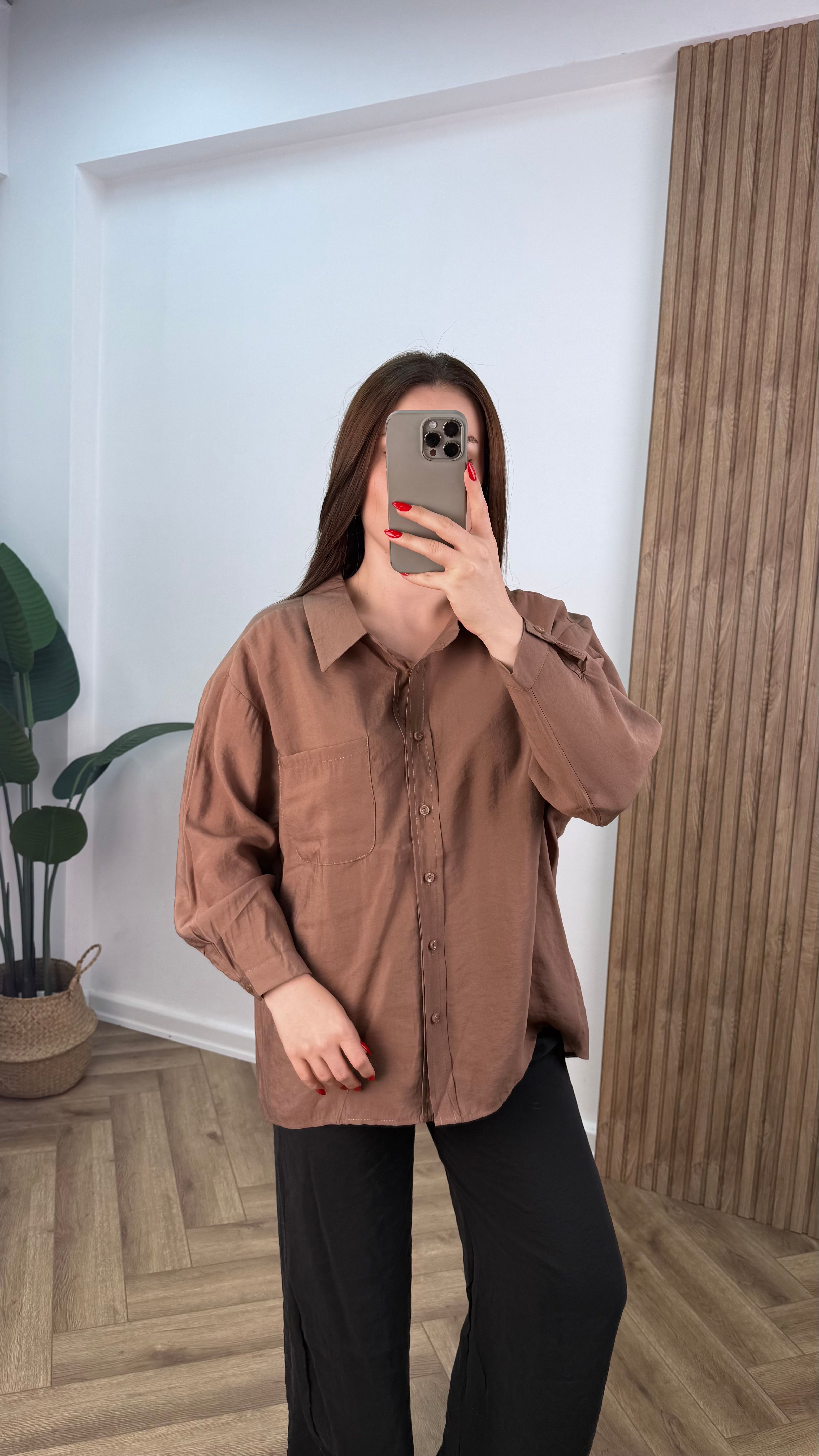 Yeni Sezon Tensel Uzun Kollu Oversize Gömlek - Kahverengi
