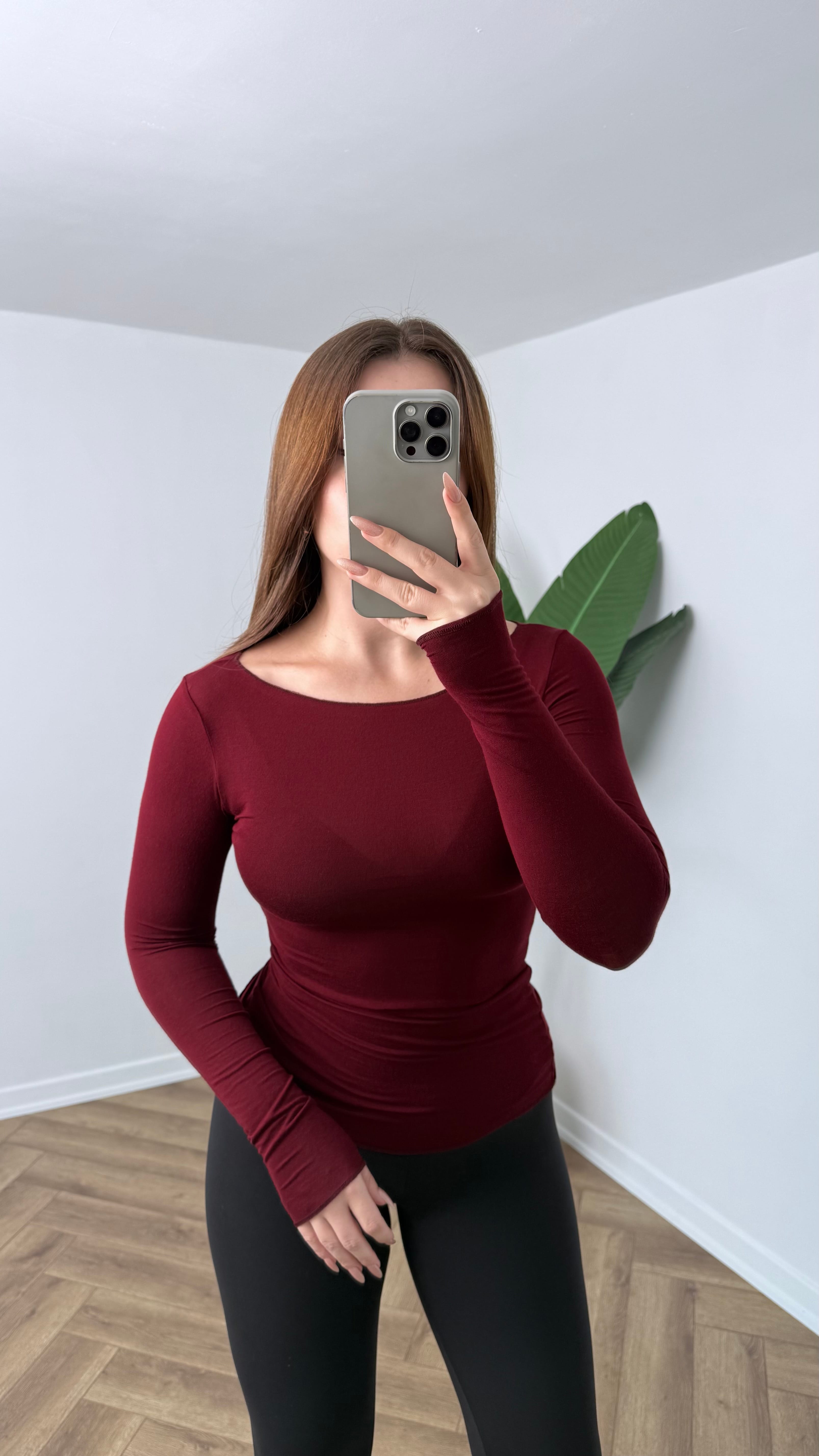 Yeni Sezon Premium Transparan Kayık Yaka Tam Bel Boy Body - Bordo