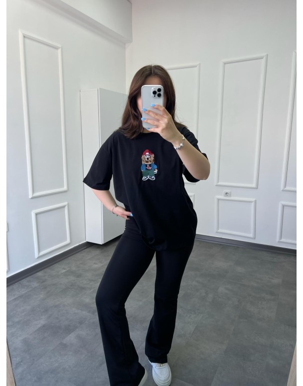 Nakış İşleme Köpekli/Kuş Siyah T-shirt