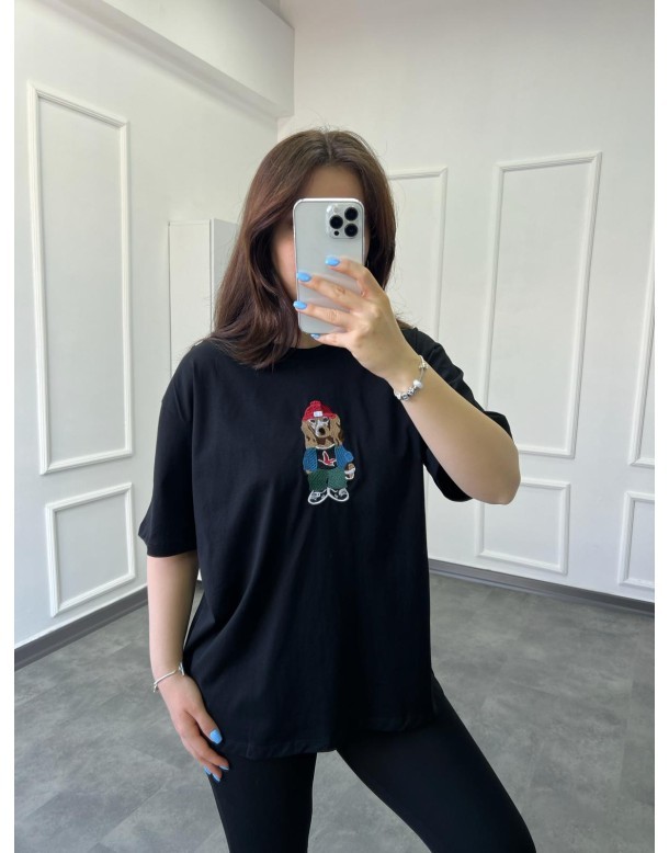 Nakış İşleme Köpekli/Kuş Siyah T-shirt