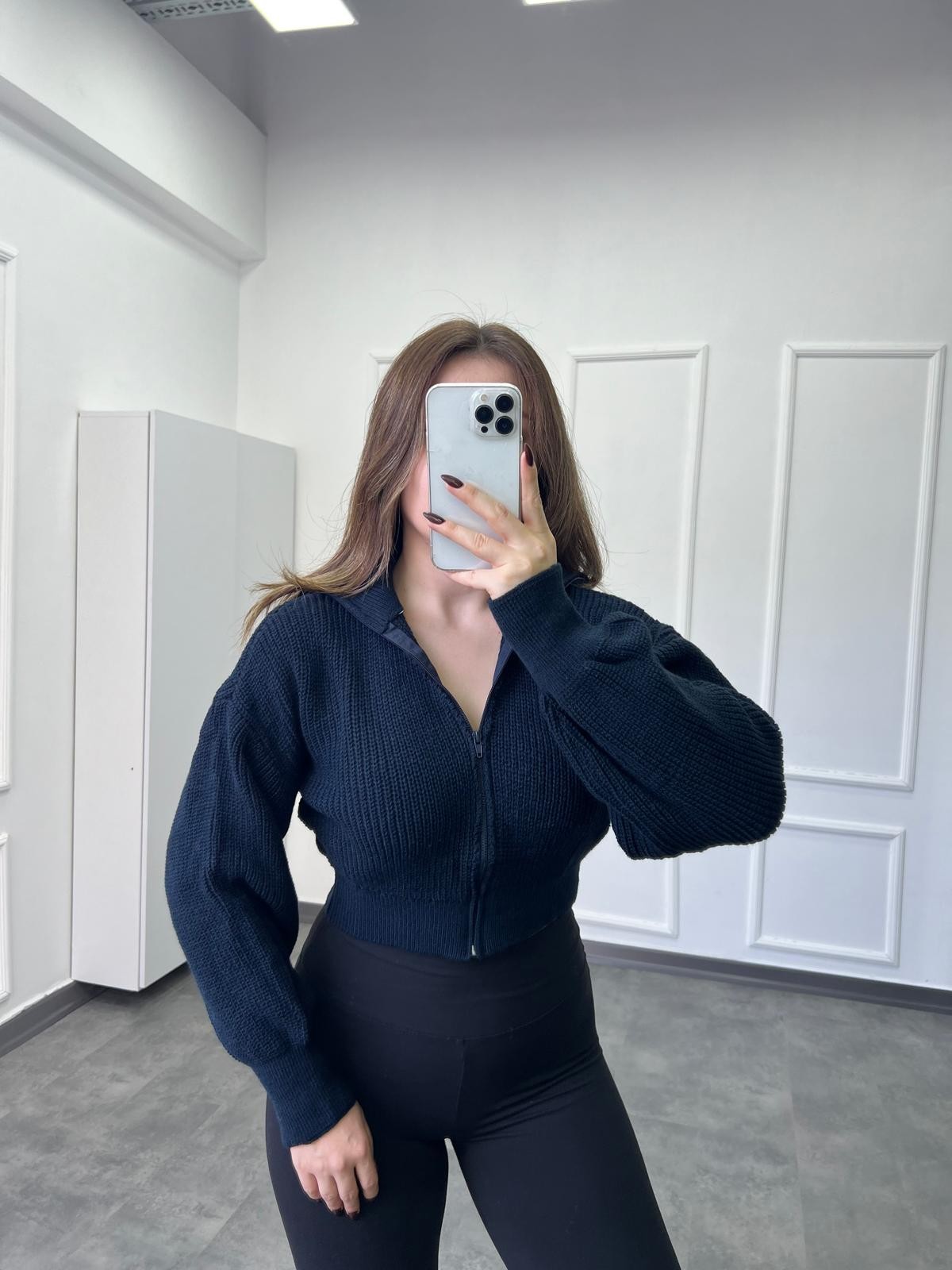 Yeni Sezon Yaka Detaylı Crop Örme Hırka - Lacivert