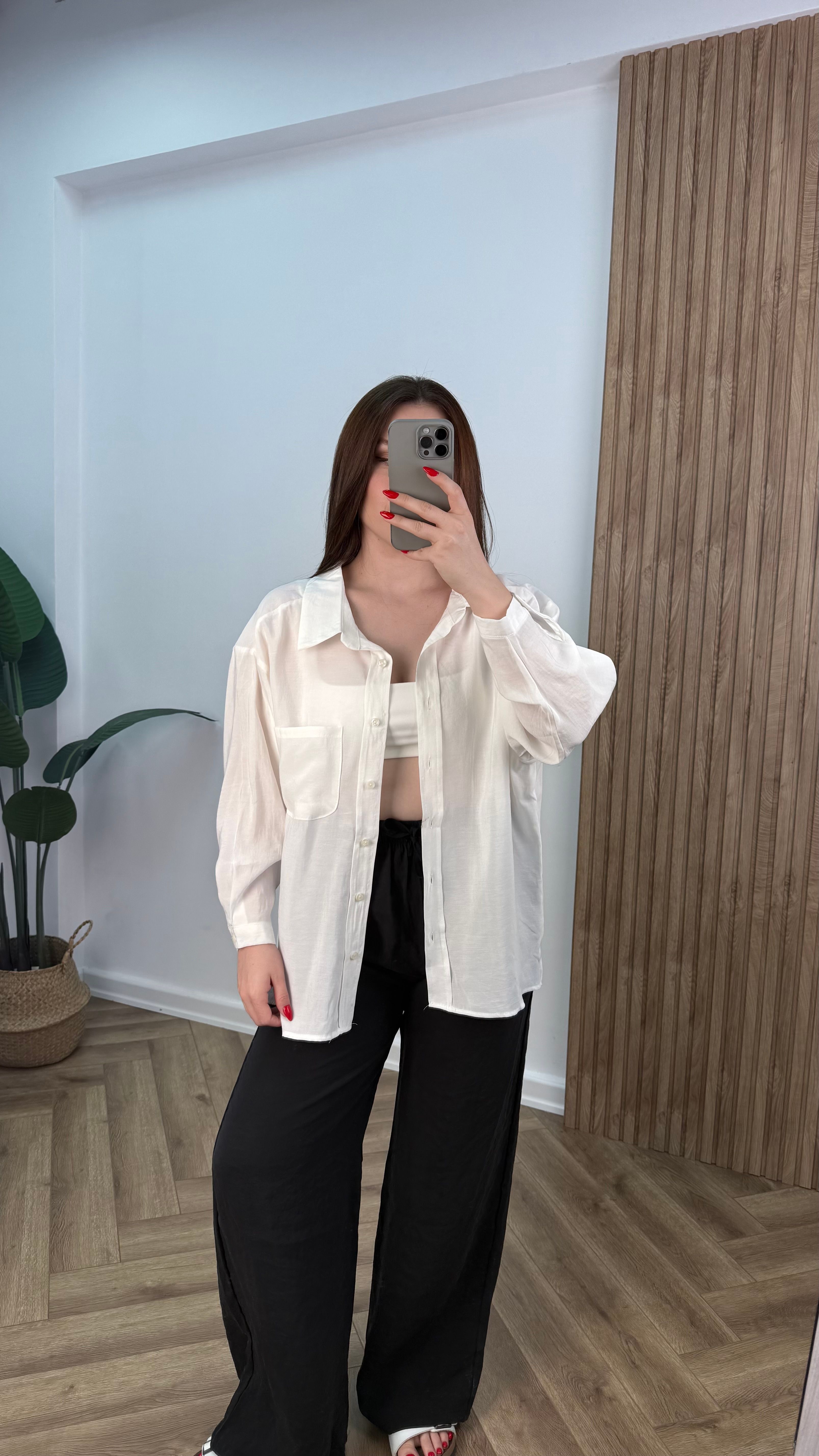 Yeni Sezon Tensel Uzun Kollu Oversize Gömlek - Beyaz