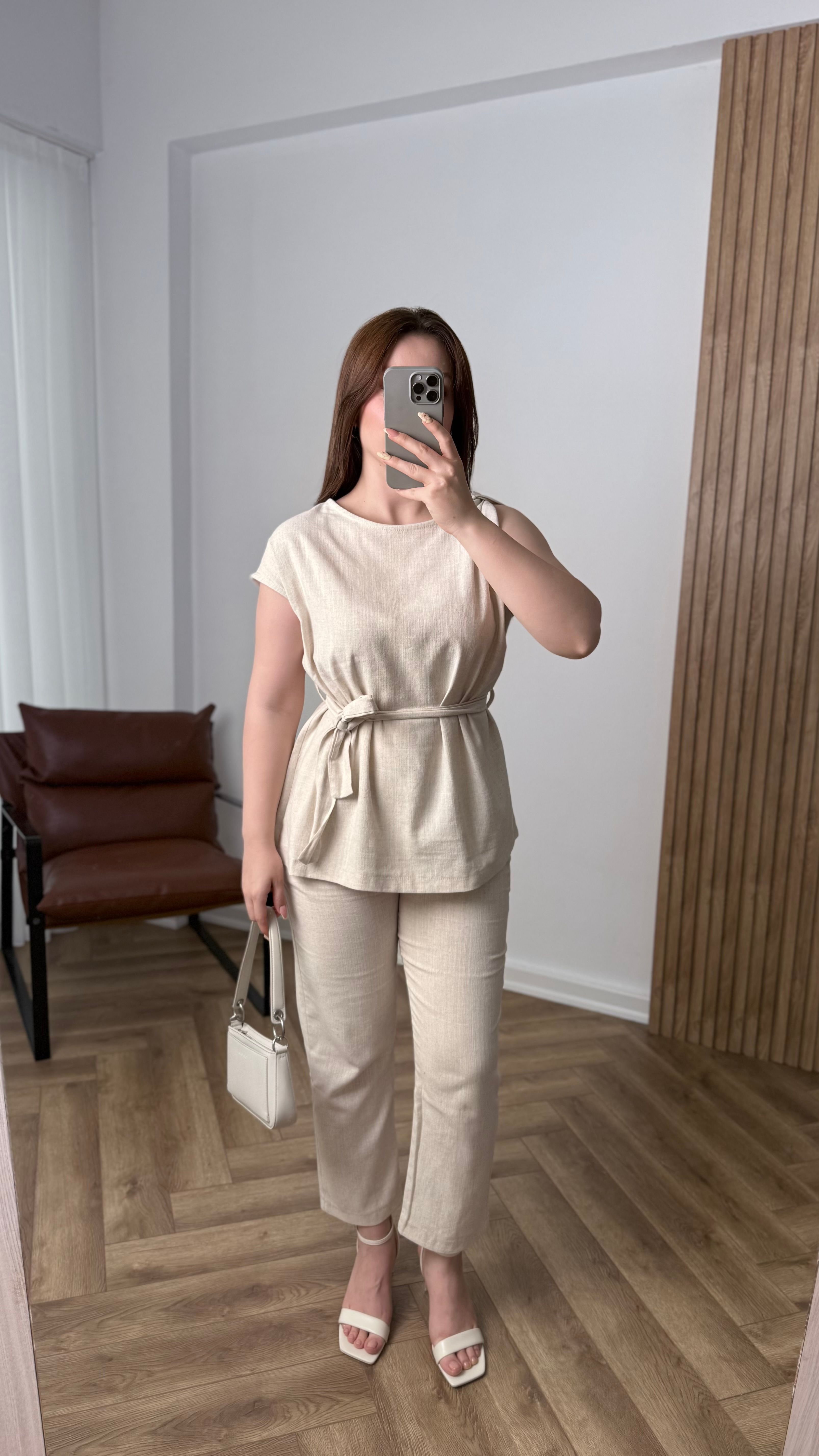 Yeni Sezon Premium Keten Bağlamalı Takım - Krem