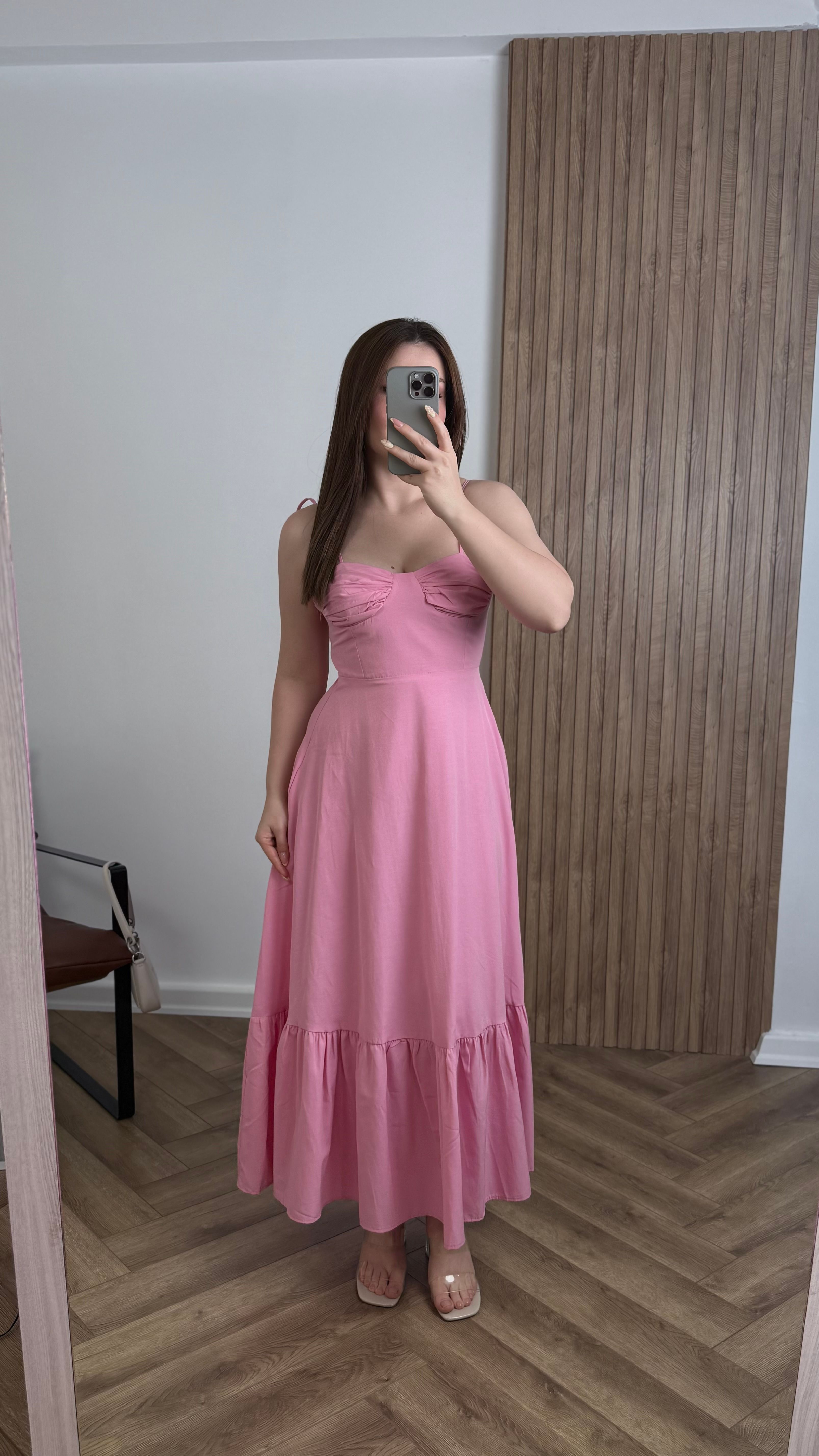 İp Askı Kalp Yaka Elbise - Pembe