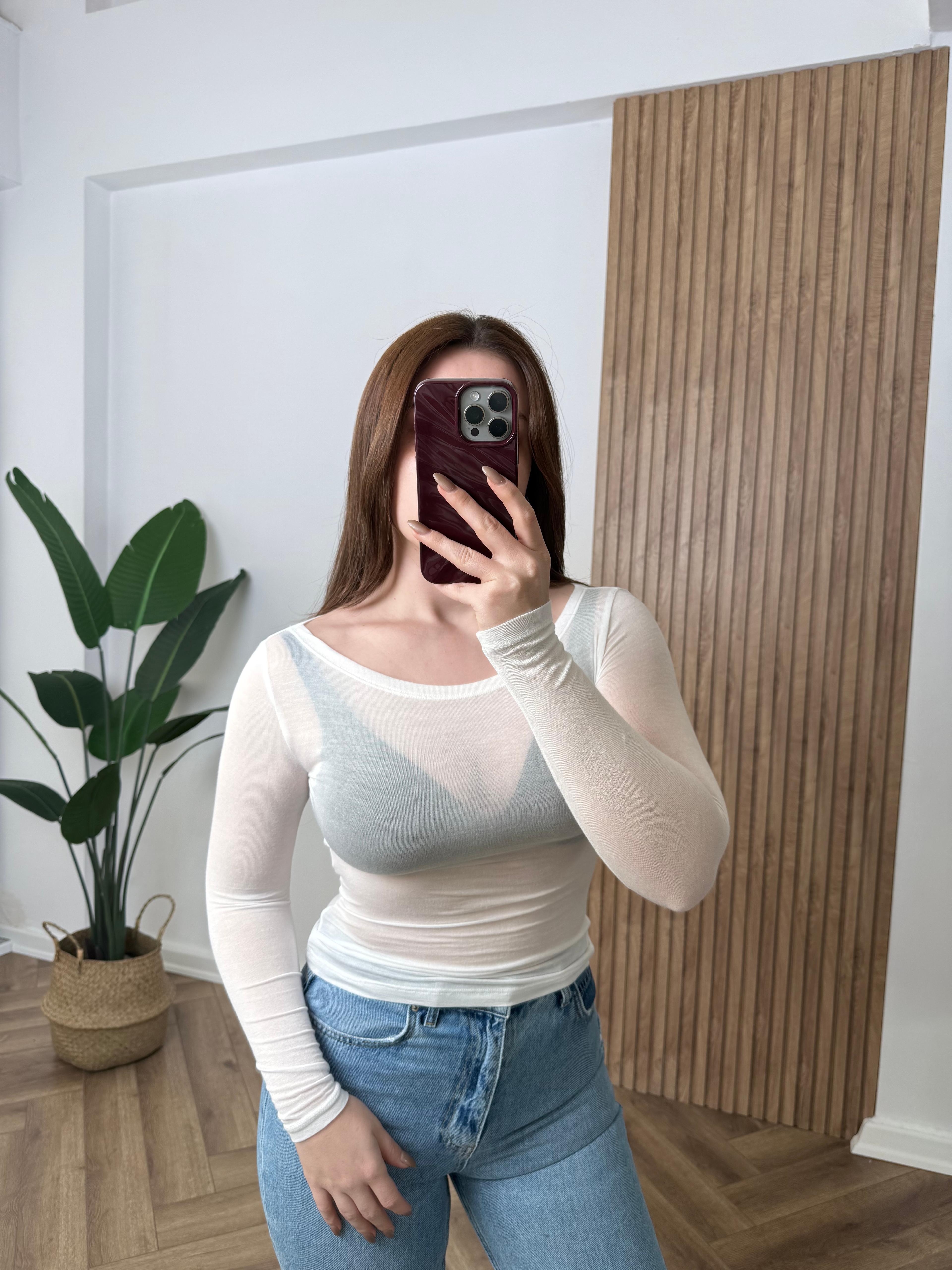 OYS Kayık Yaka Transparan Body - Ekru