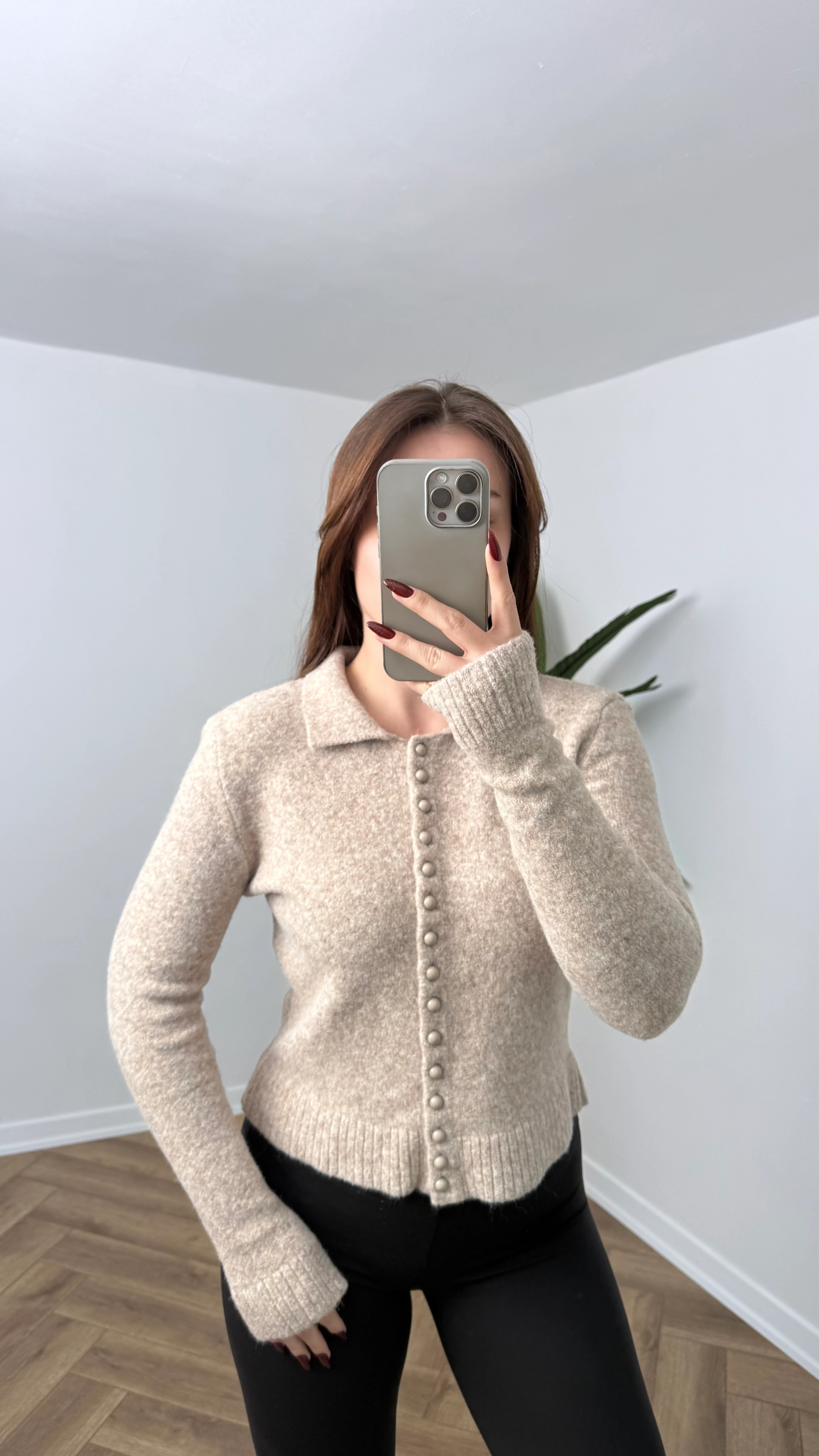 Yeni Sezon Düğmeli Triko Polo Yaka Kazak - Taş