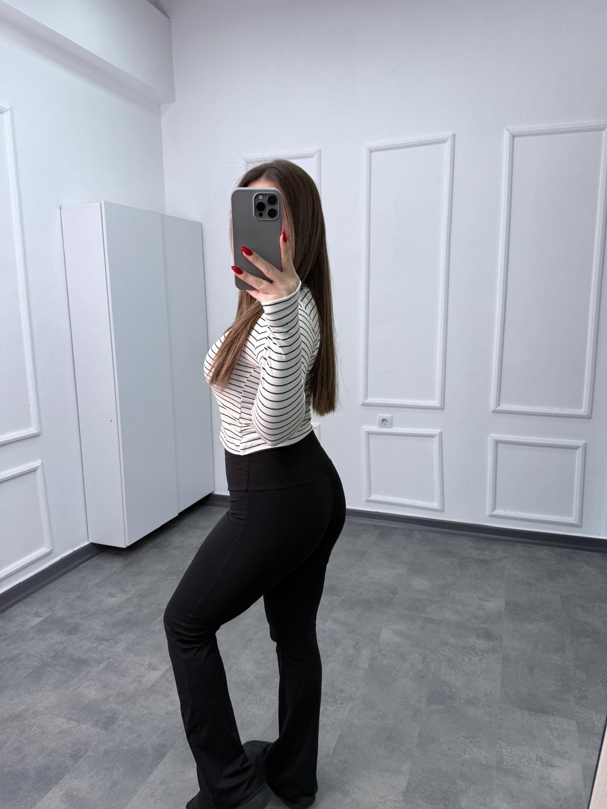 OYS Çizgili Pamuk Penye Parmak Geçmeli Orta Bel Body - Ekru