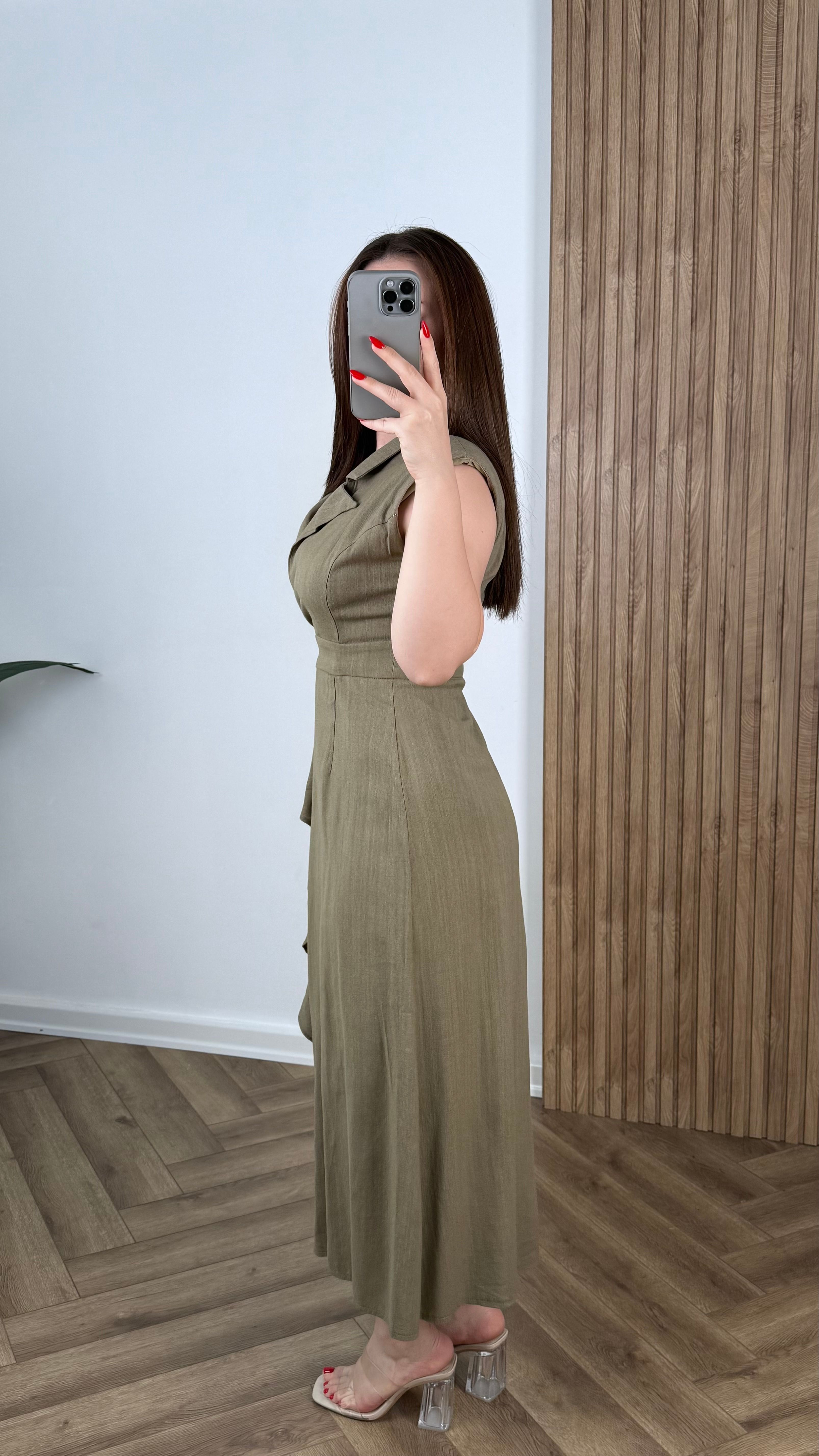 Yeni Sezon Vatkalı Midi Keten Elbise