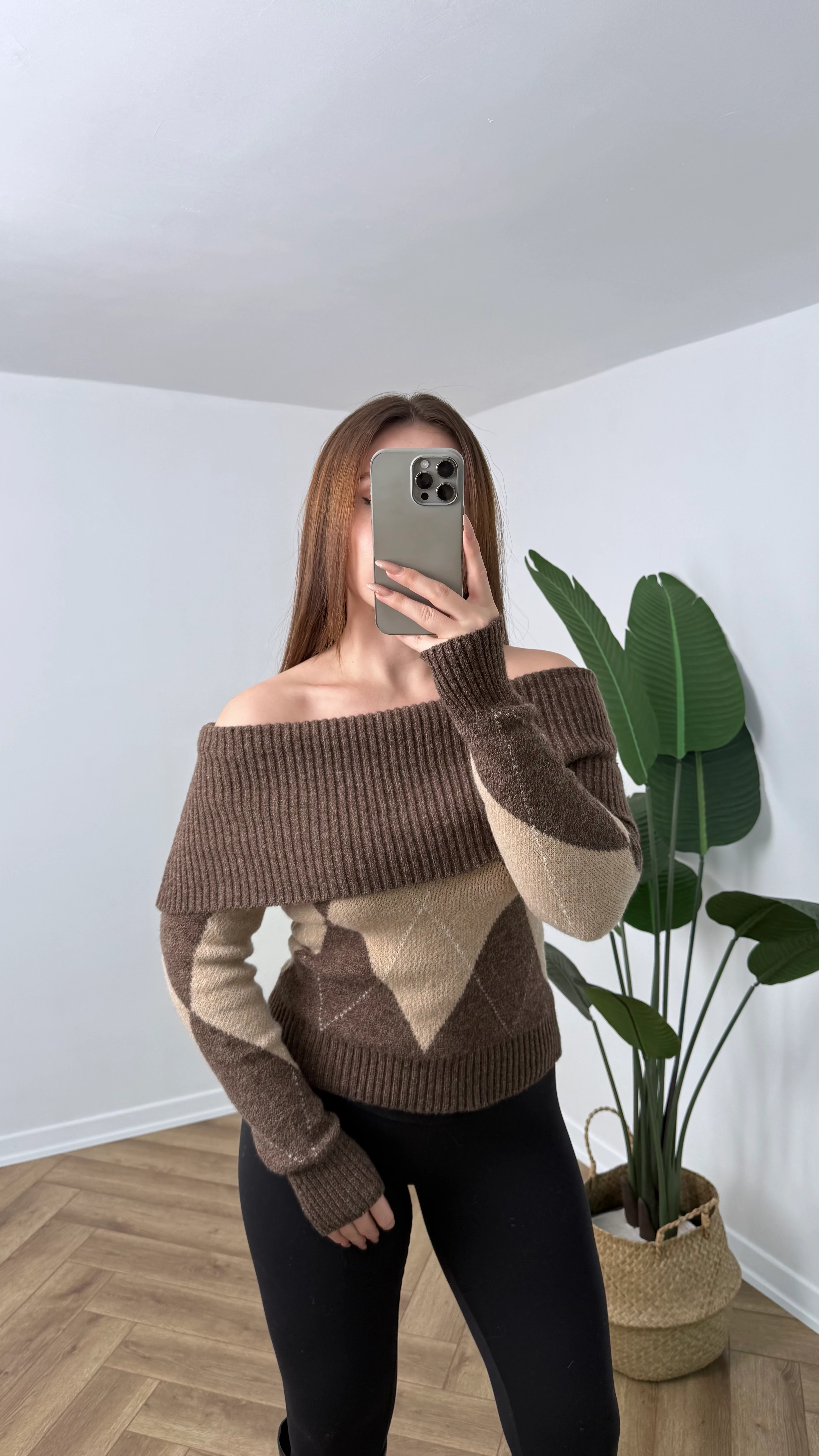 Yeni Sezon Örgü Baklava Desenli Madonna Kazak - Kahverengi