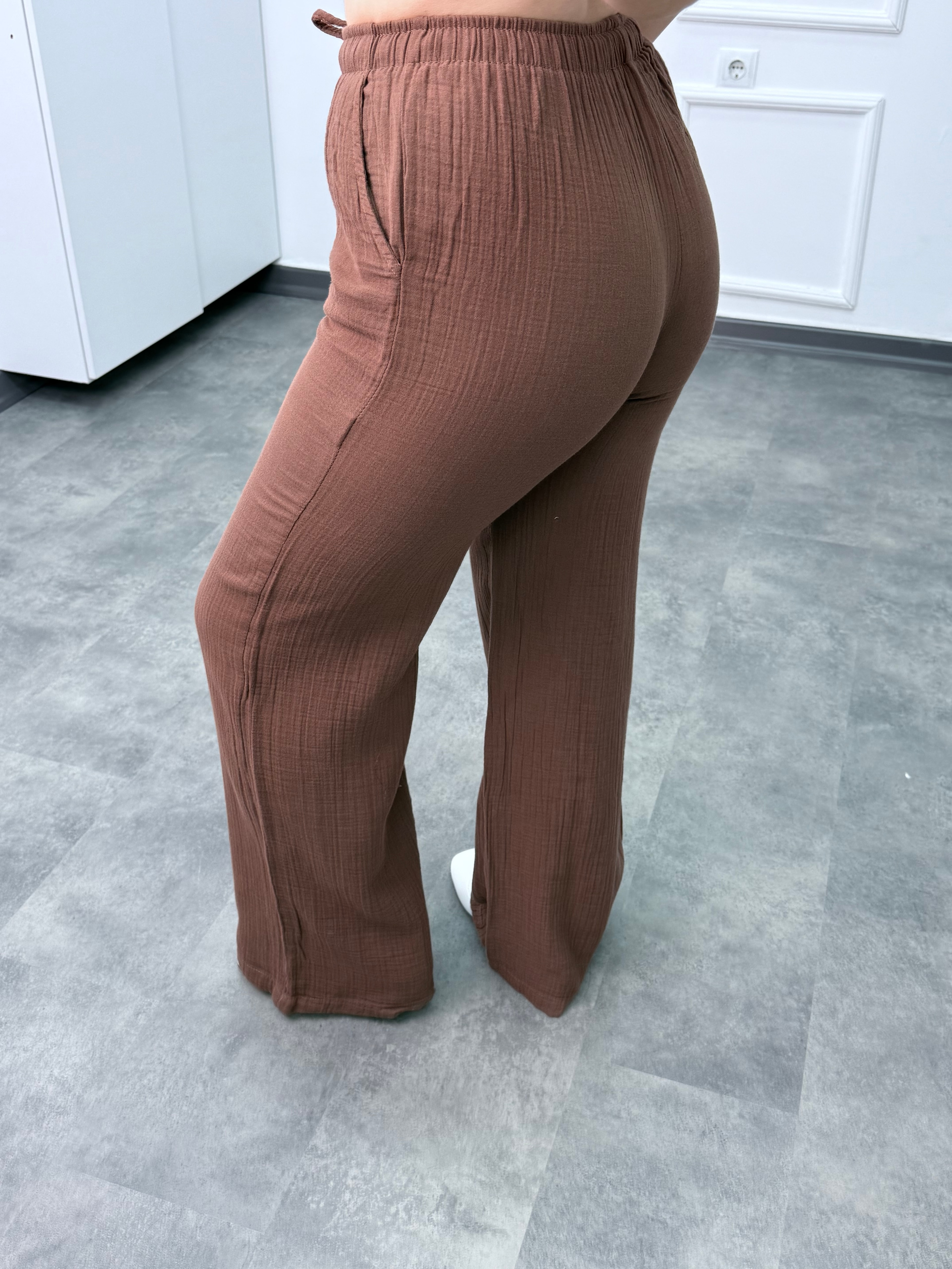 Müslin Düz Paça Bağlamalı Pantolon