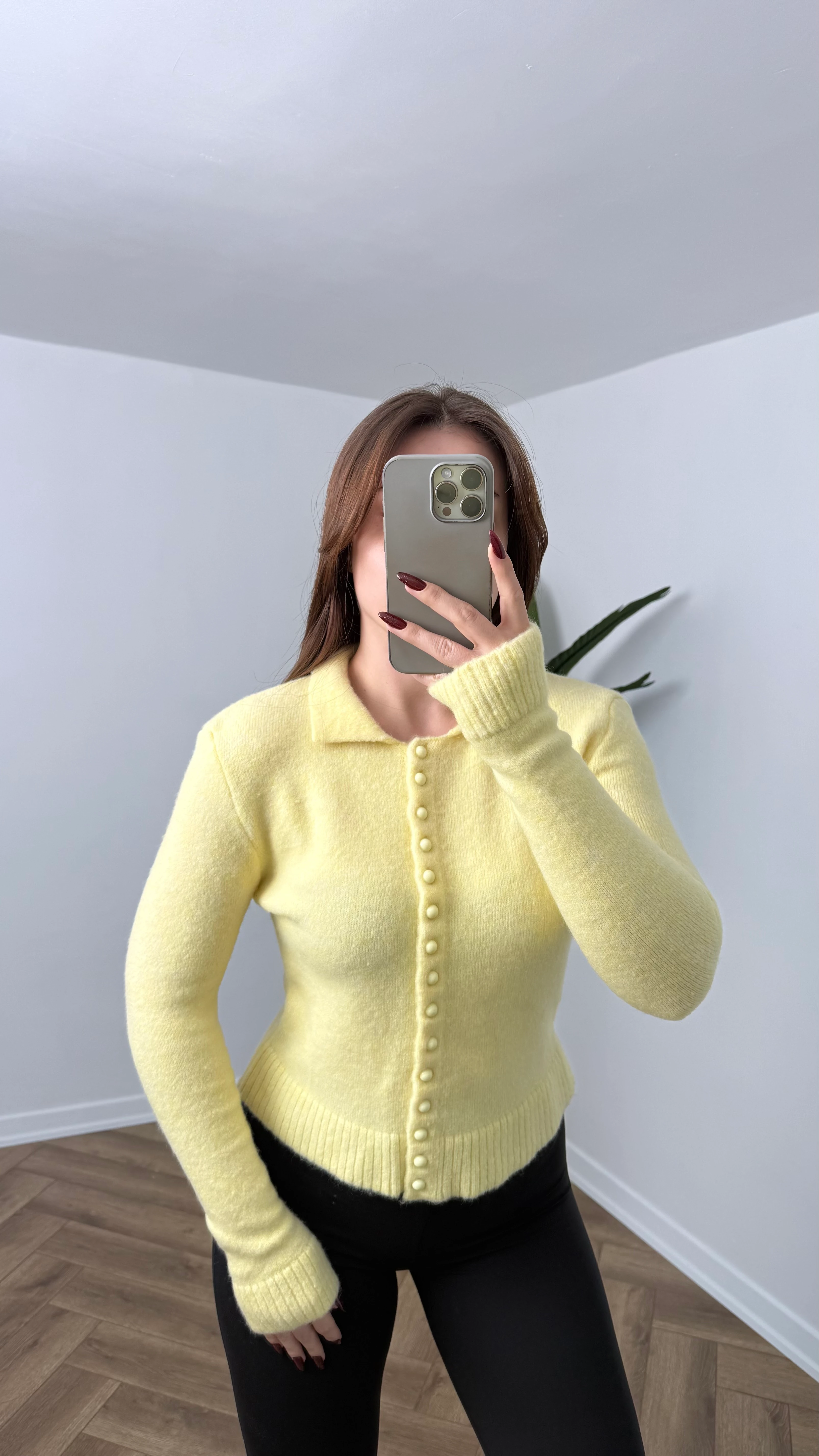 Yeni Sezon Düğmeli Triko Polo Yaka Kazak - Sarı