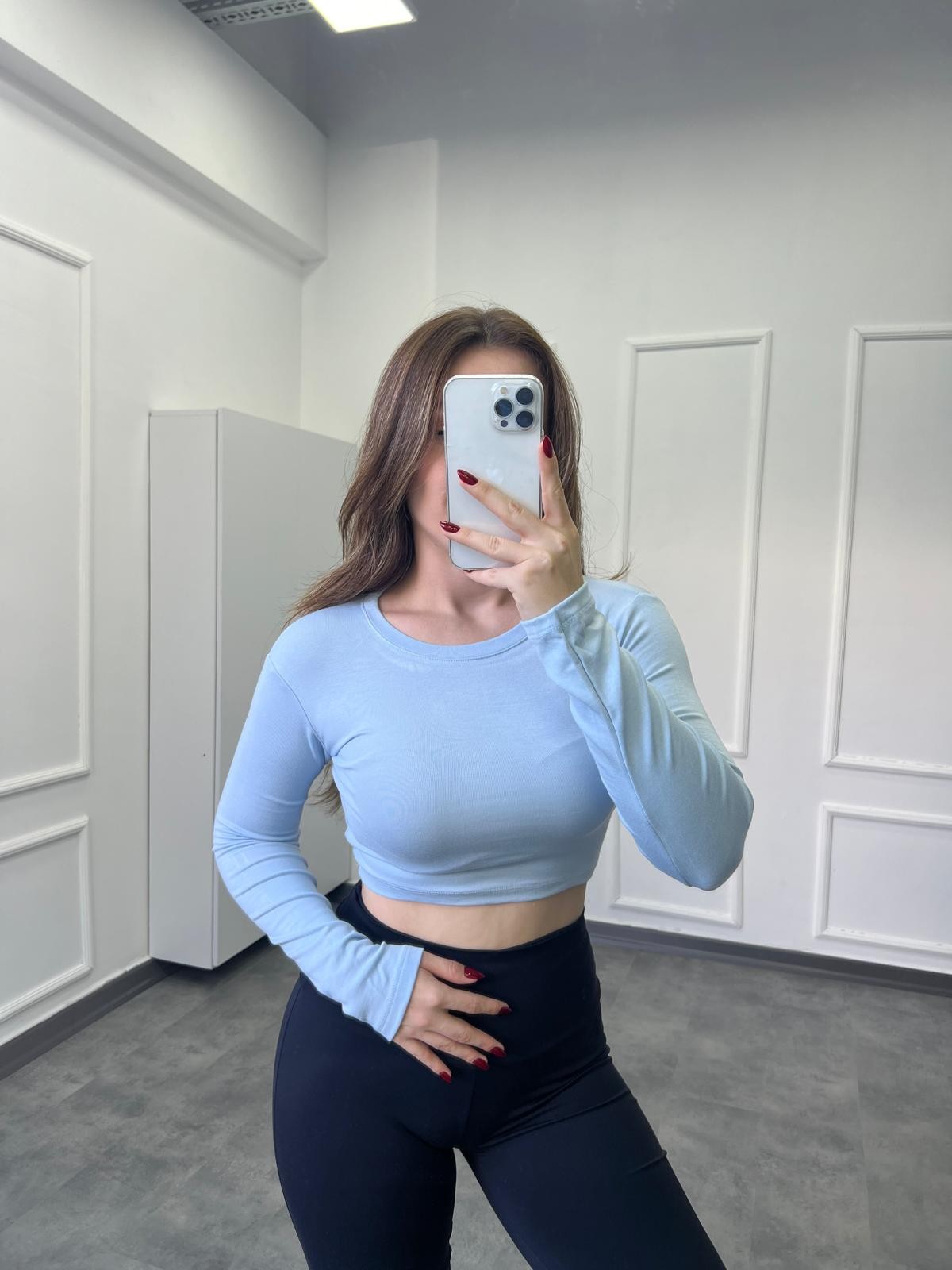 OYS Modal Pamuk Crop Uzun Kollu Yuvarlak Yaka Body - Mavi