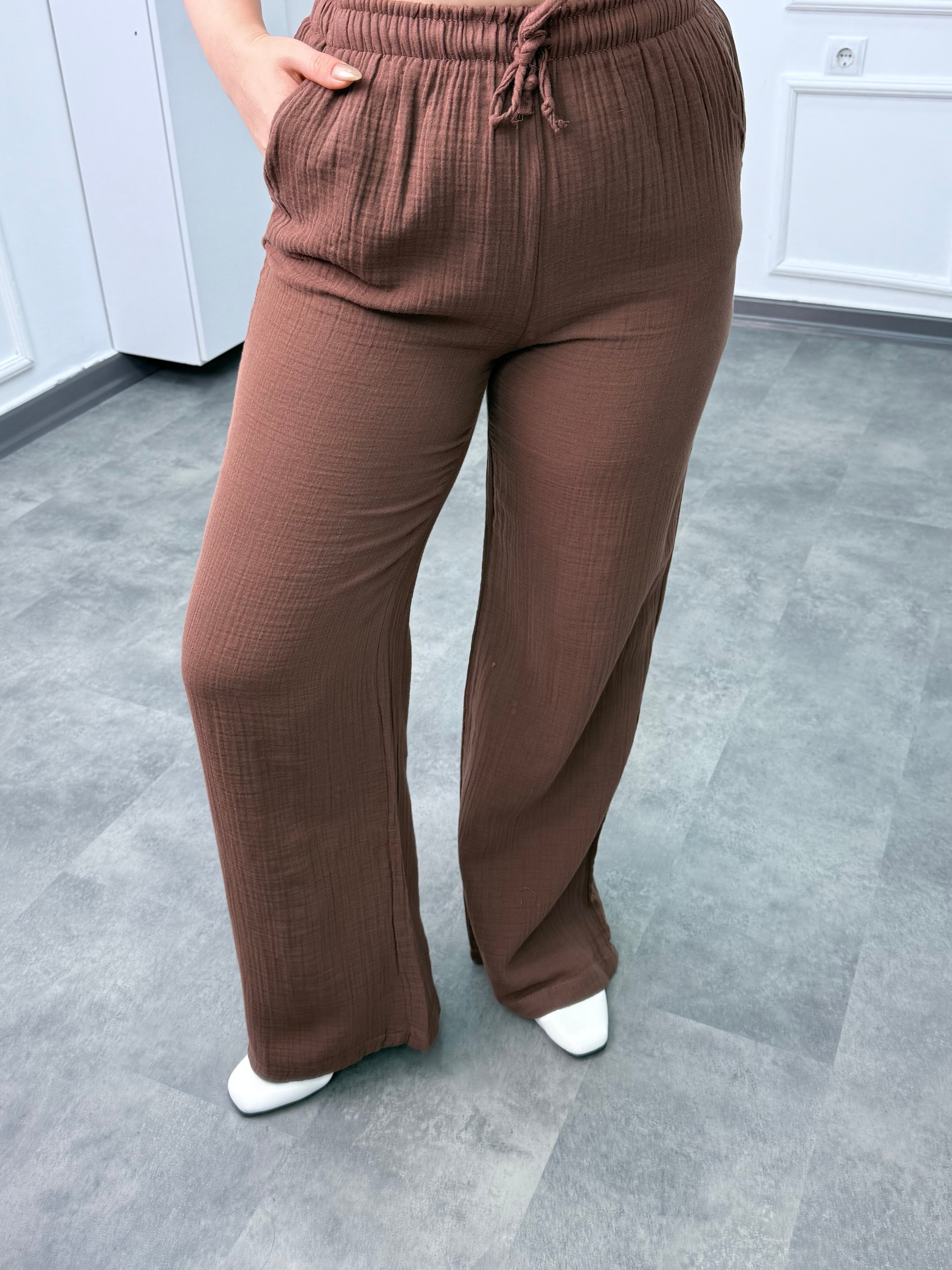 Müslin Düz Paça Bağlamalı Pantolon