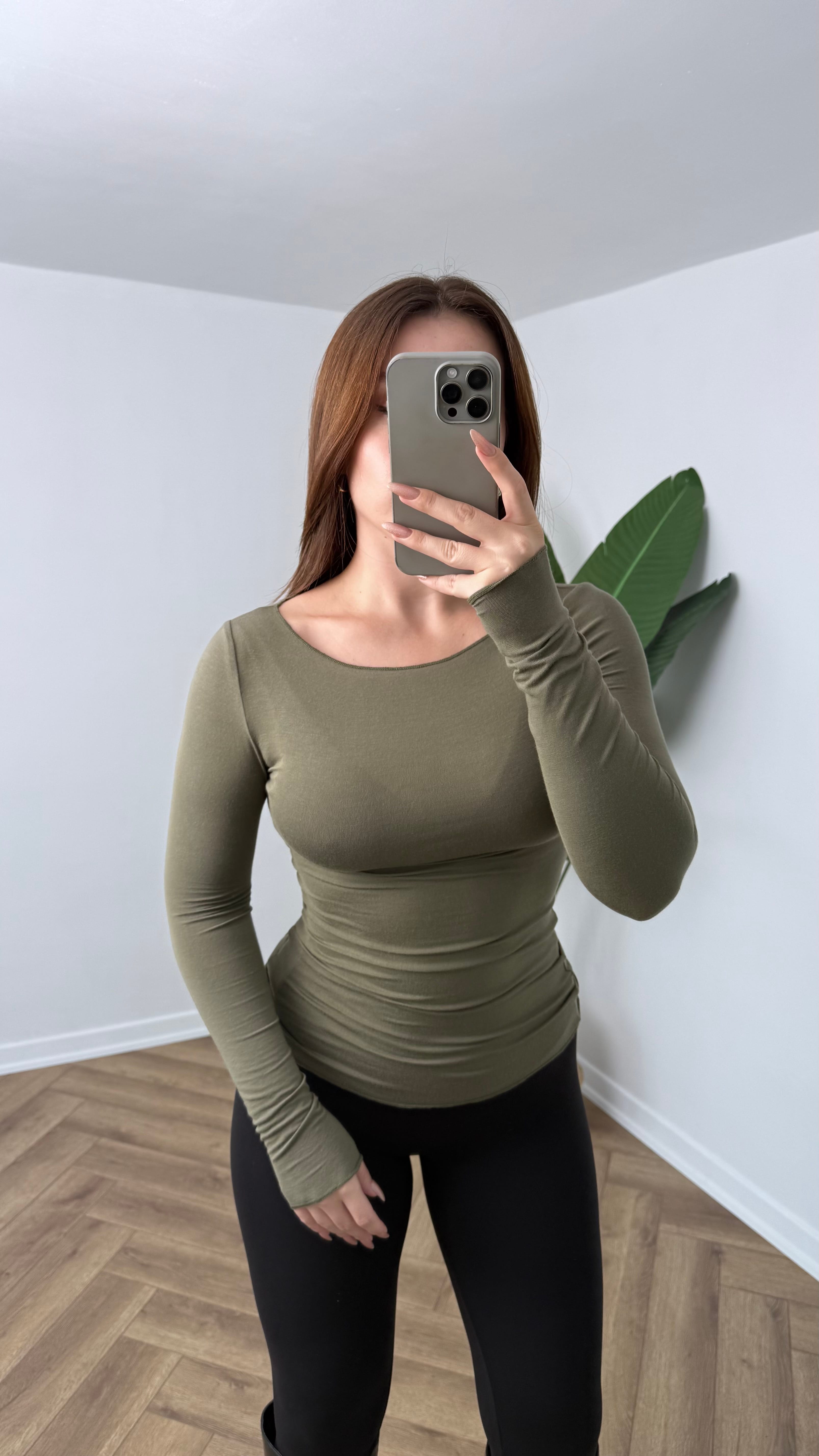 Yeni Sezon Premium Transparan Kayık Yaka Tam Bel Boy Body - Haki