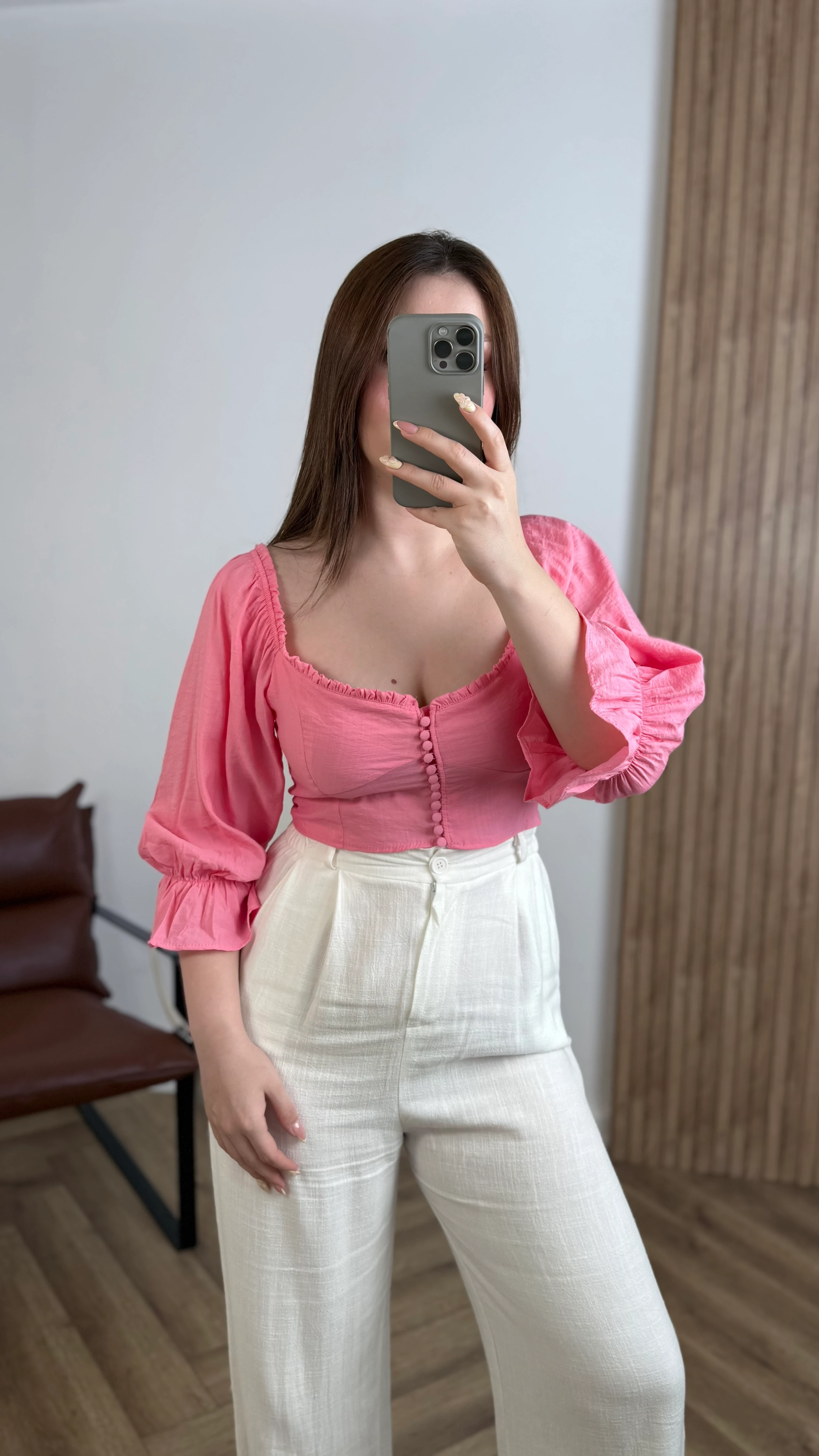 Yeni Sezon Düğme Detay Crop Gömlek