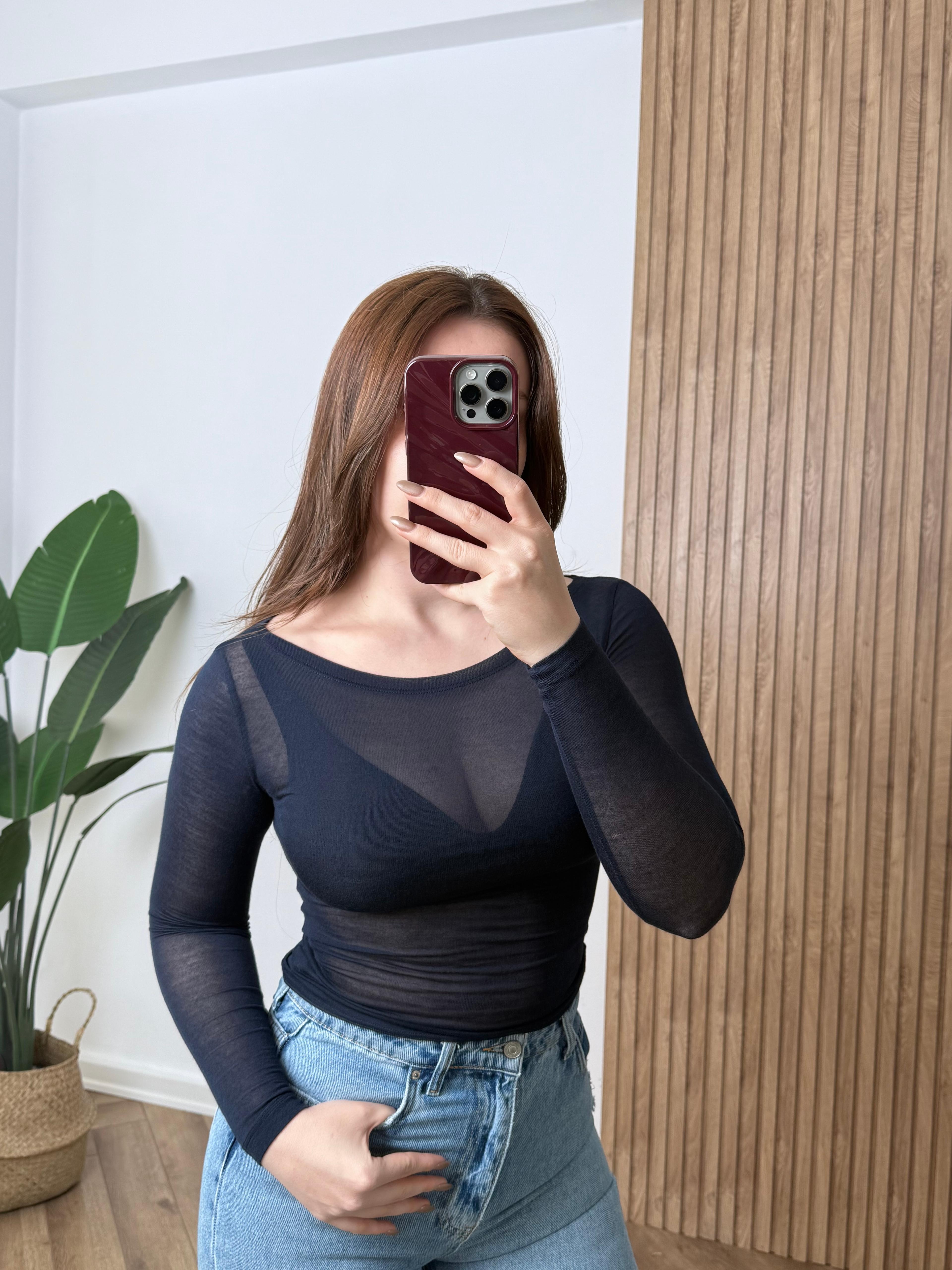 OYS Kayık Yaka Transparan Body - Lacivert