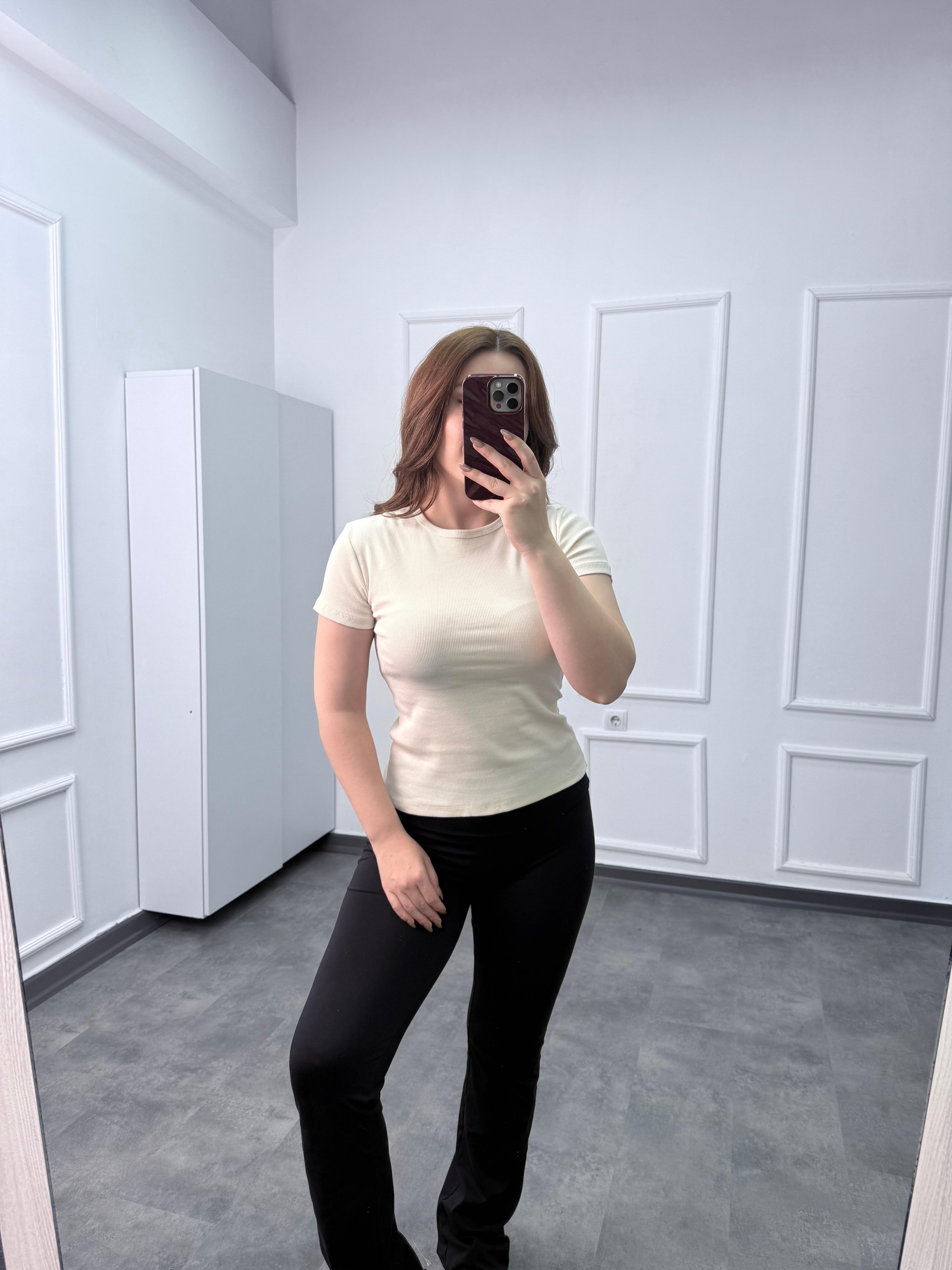 Yuvarlak Yaka Fitilli Basic T-shirt - Krem