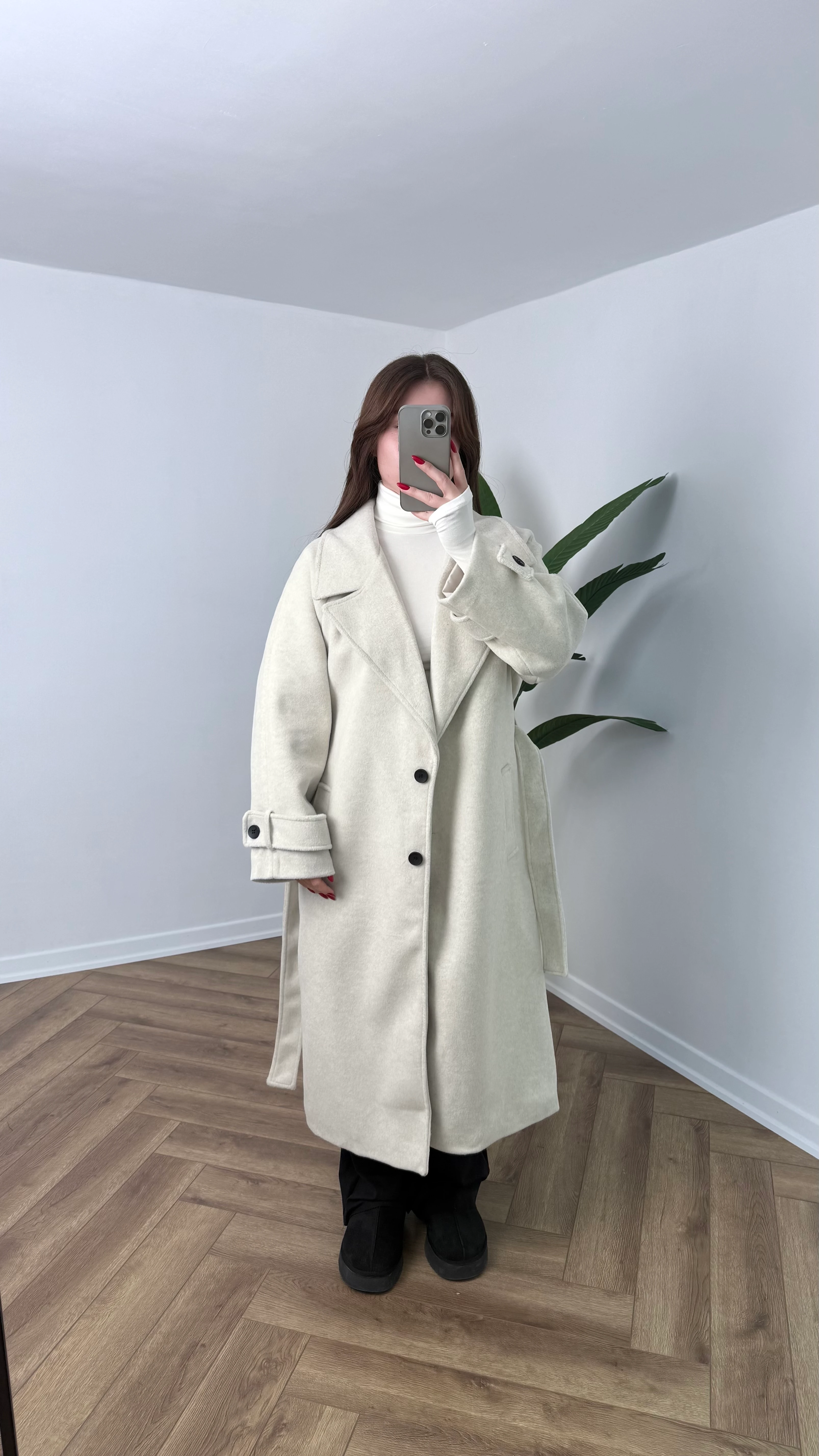 Yeni Sezon Premium Kaşe Uzun Düğme Detay Bağlamalı Kaban - Ekru