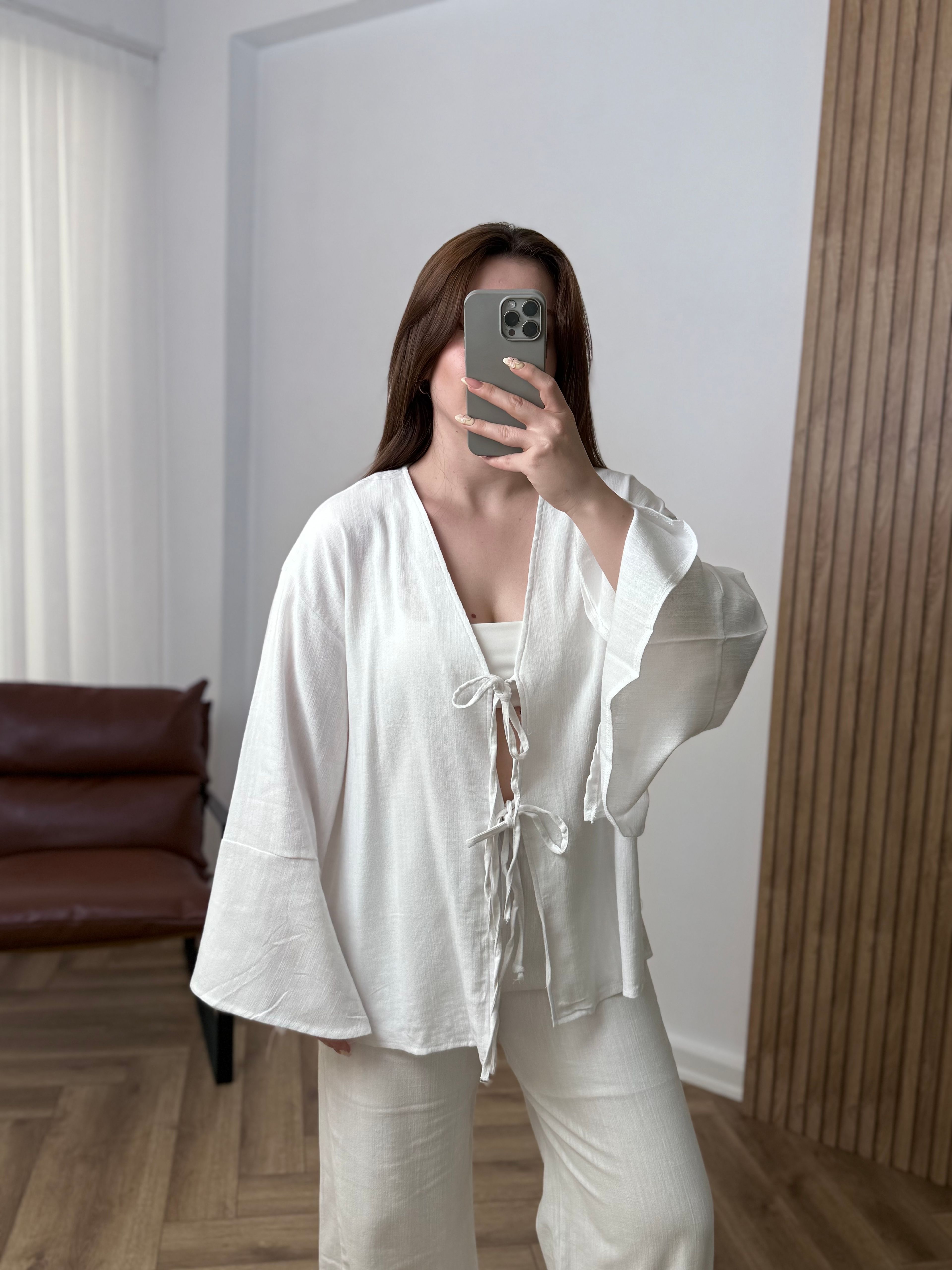 Yeni Sezon Bağlamalı Keten Kimono - Beyaz
