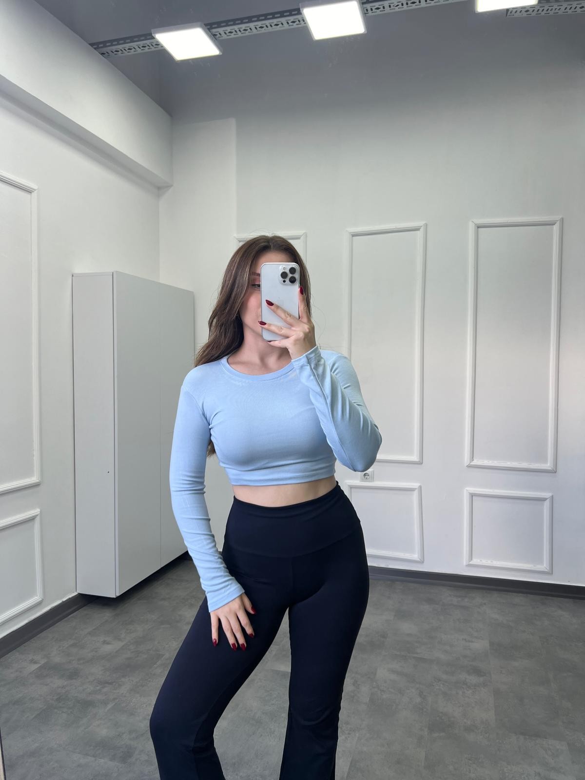 OYS Modal Pamuk Crop Uzun Kollu Yuvarlak Yaka Body - Mavi
