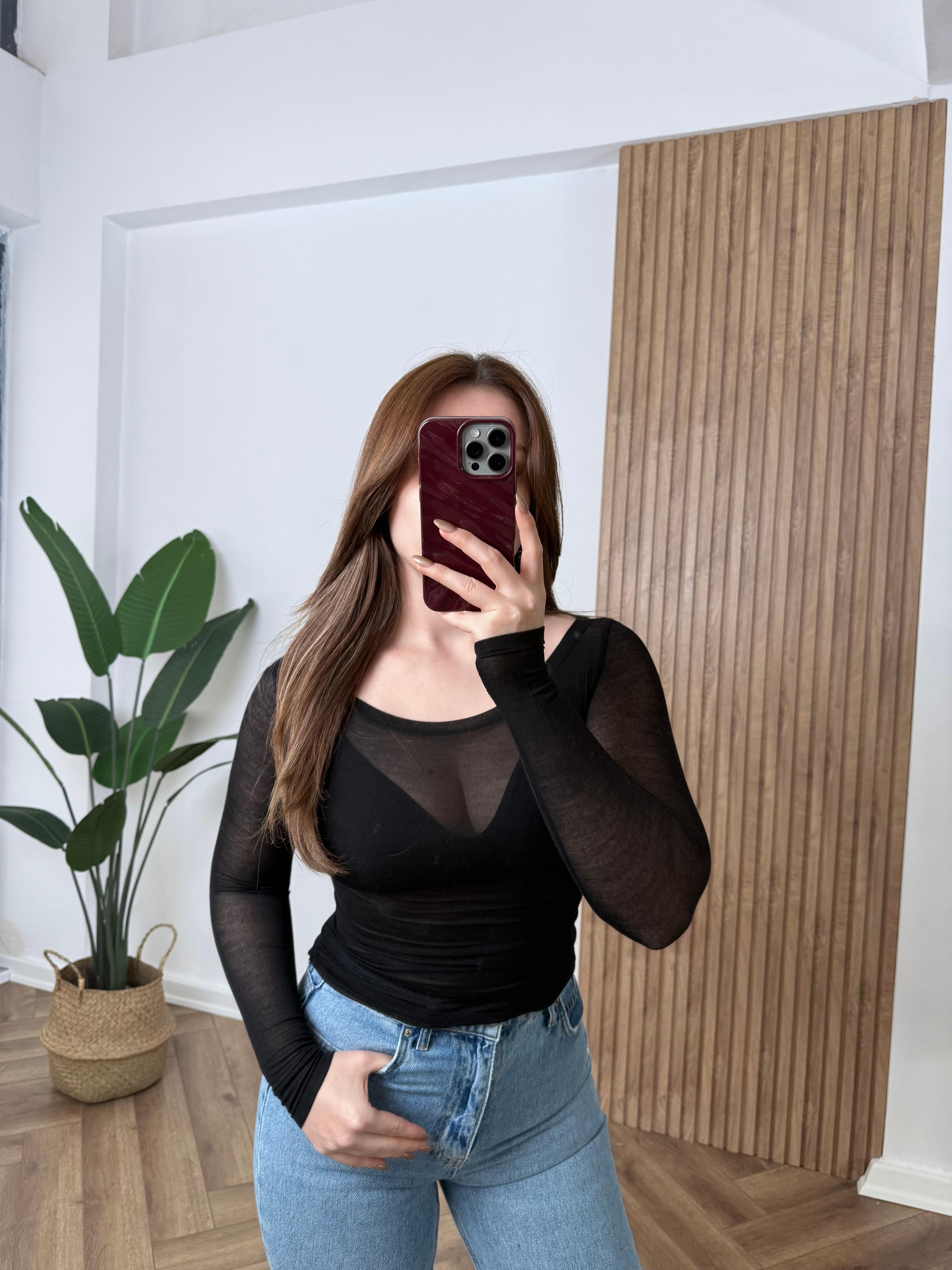 OYS Kayık Yaka Transparan Body - Siyah
