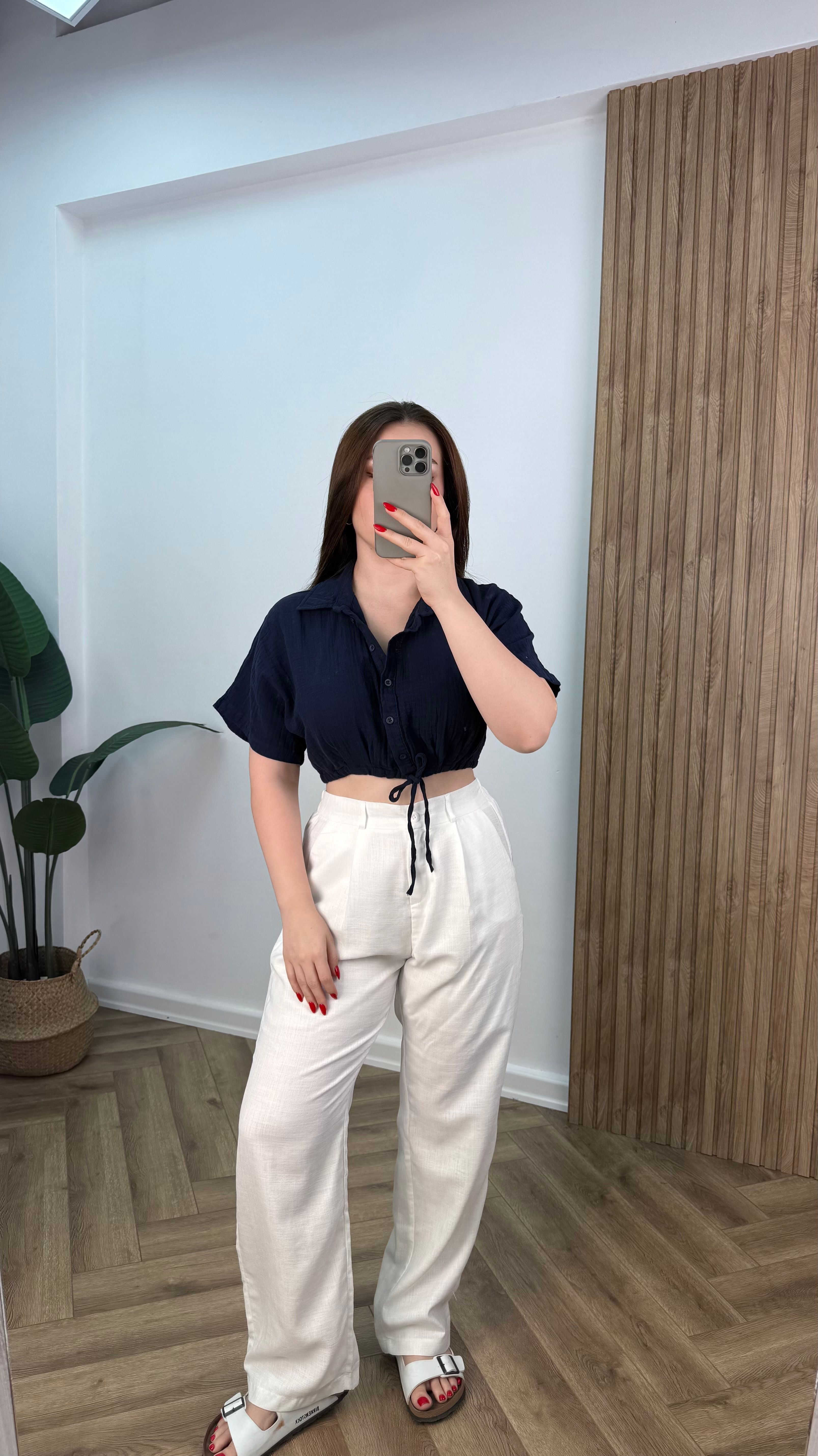Yeni Sezon Crop Kısa Kollu Müslin Gömlek - Lacivert