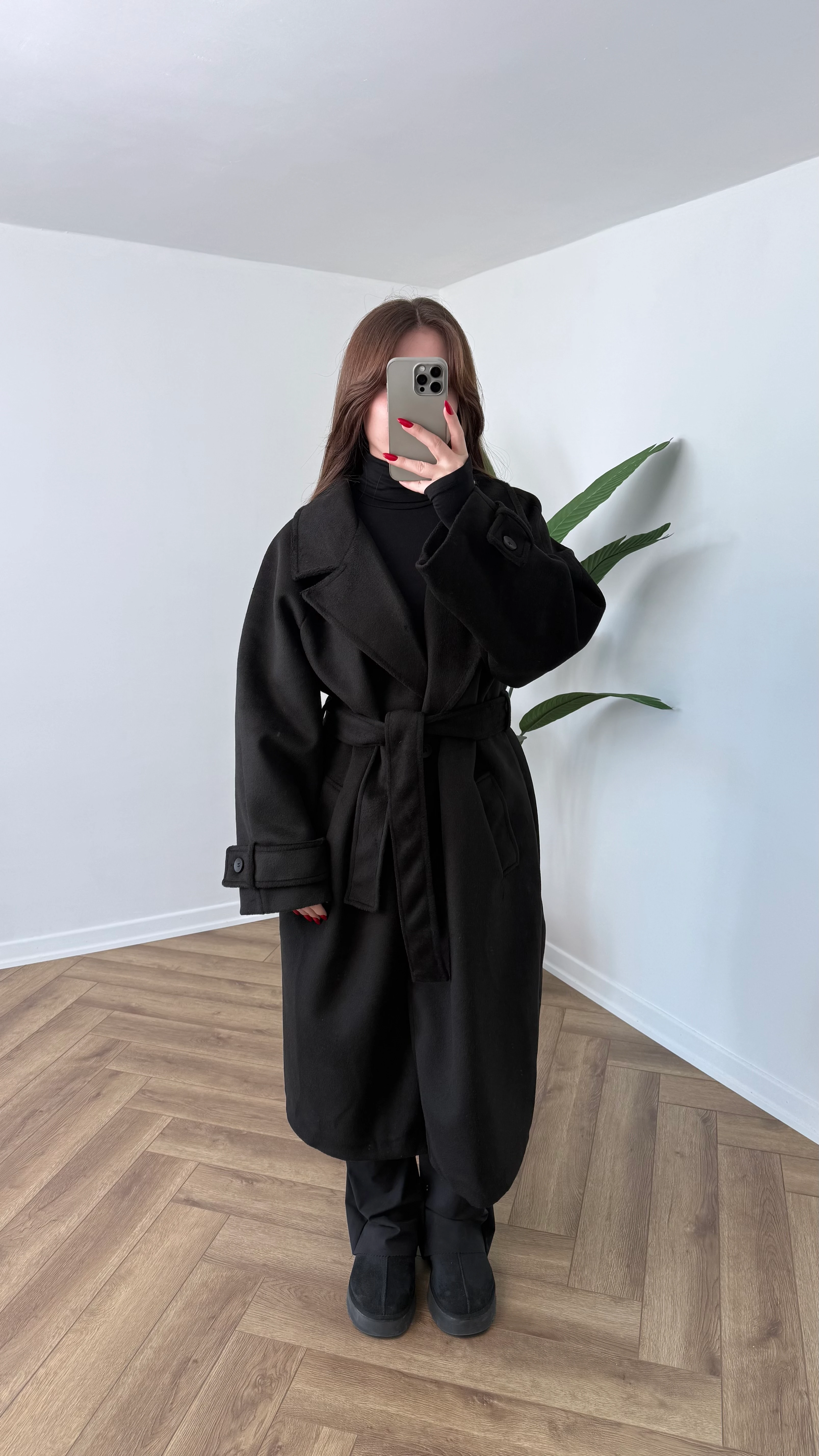 Yeni Sezon Premium Kaşe Uzun Düğme Detay Bağlamalı Kaban - Siyah