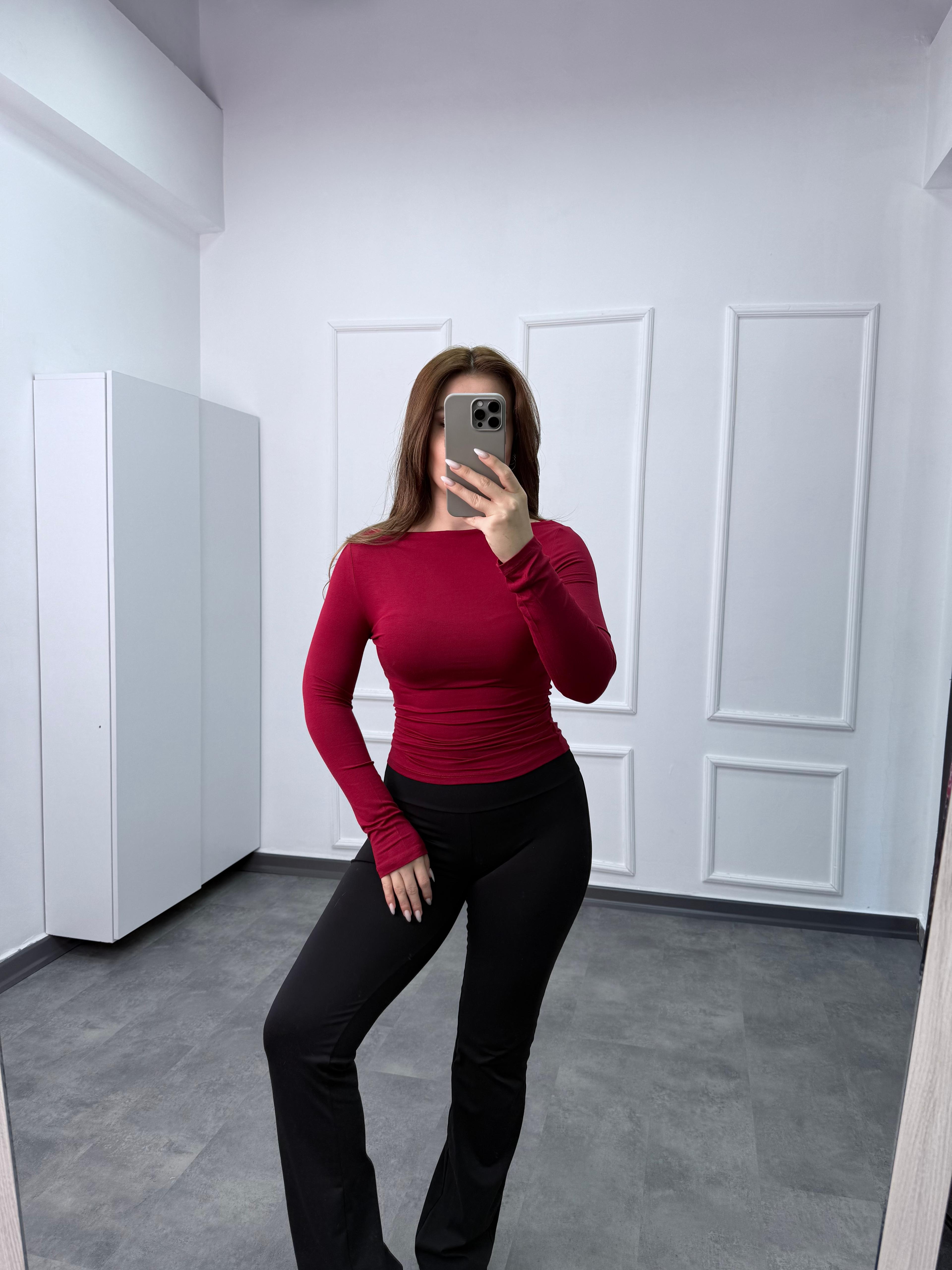 Kayık Yaka Büzgü Detaylı Pamuk Penye Body - Bordo