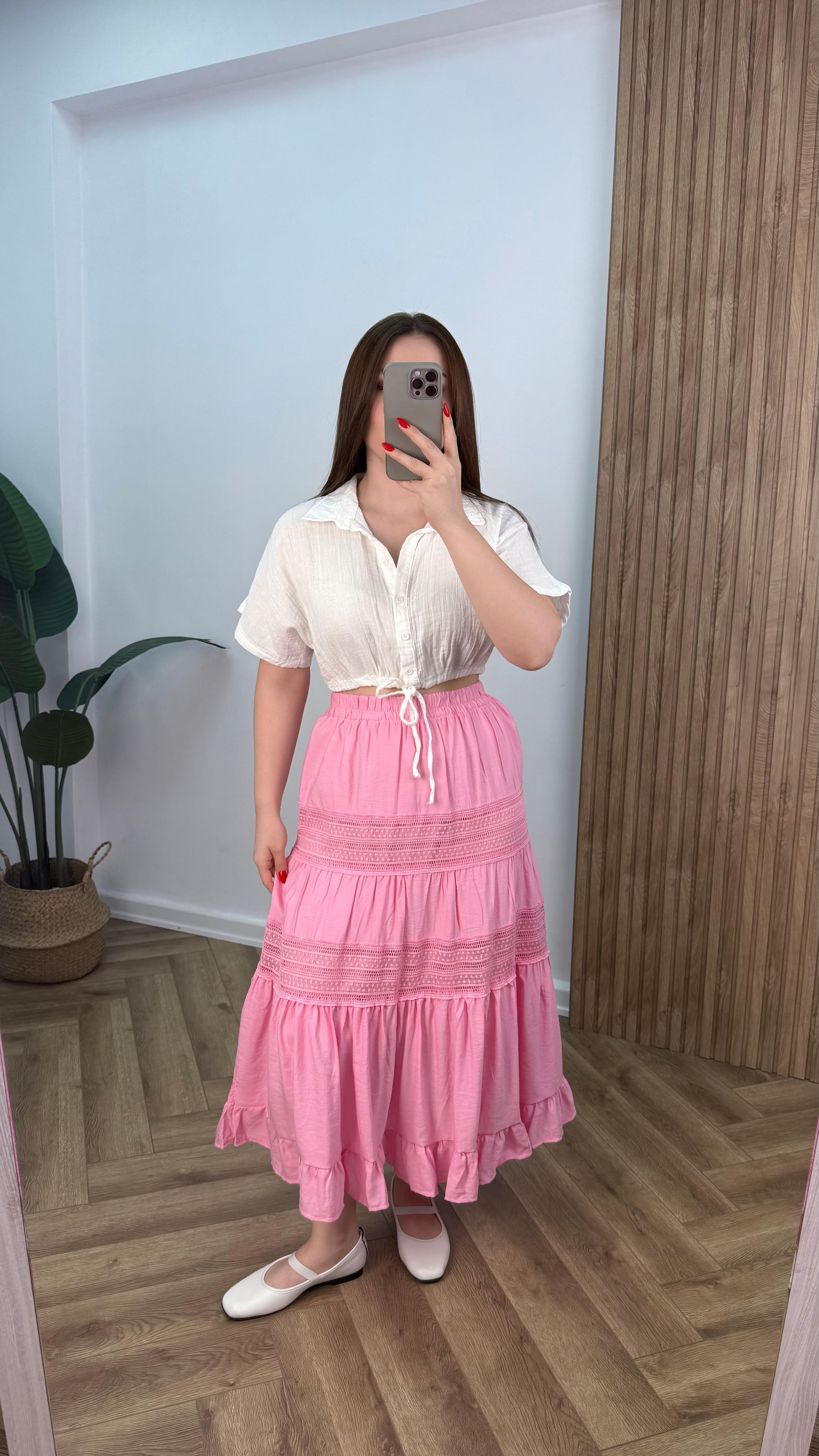Yeni Sezon İşlemeli Astarlı Midi Etek - Pembe