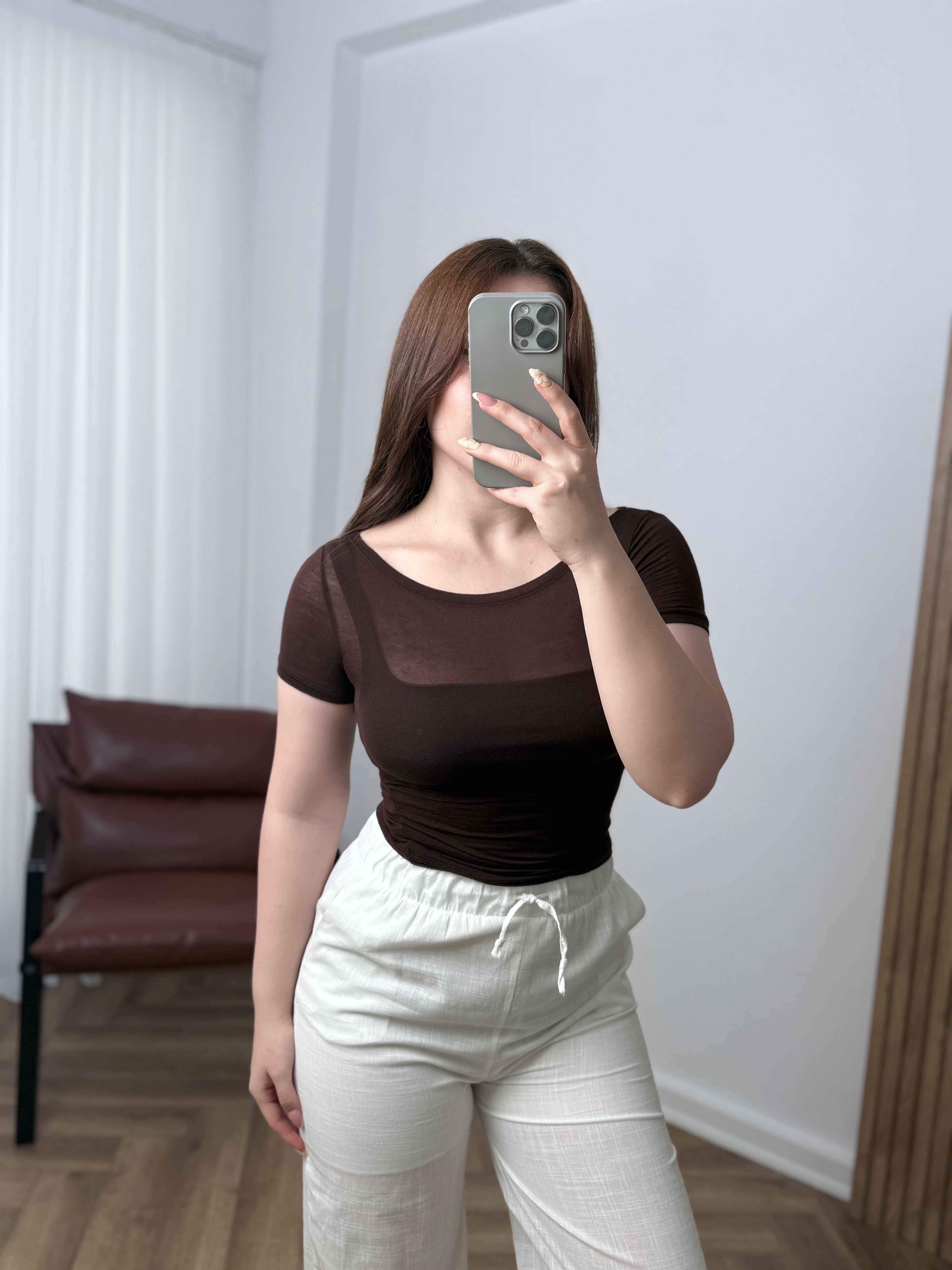 OYS Kısa Kollu Kayık Yaka Transparan Body - Kahverengi