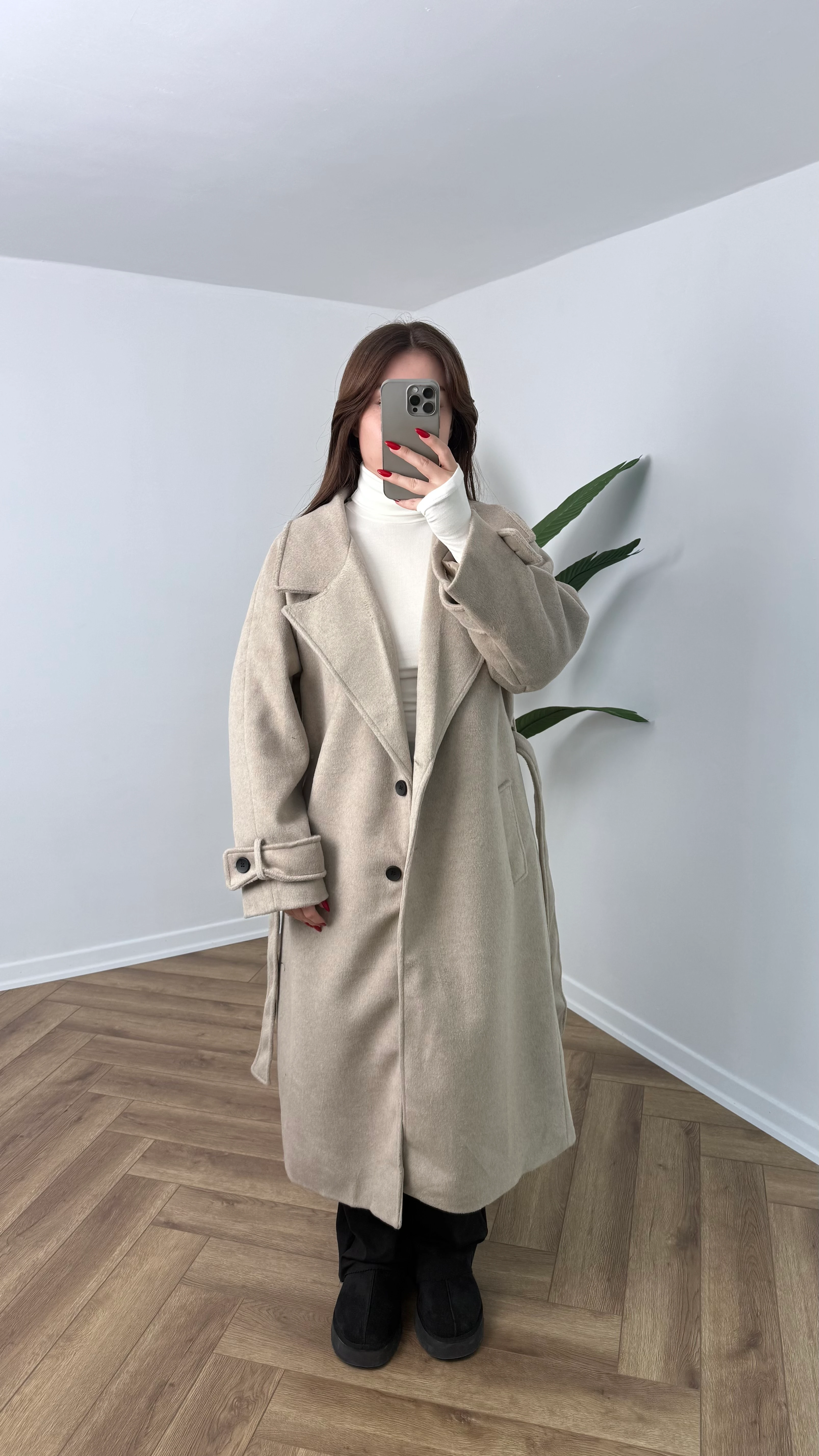 Yeni Sezon Premium Kaşe Uzun Düğme Detay Bağlamalı Kaban - Vizon