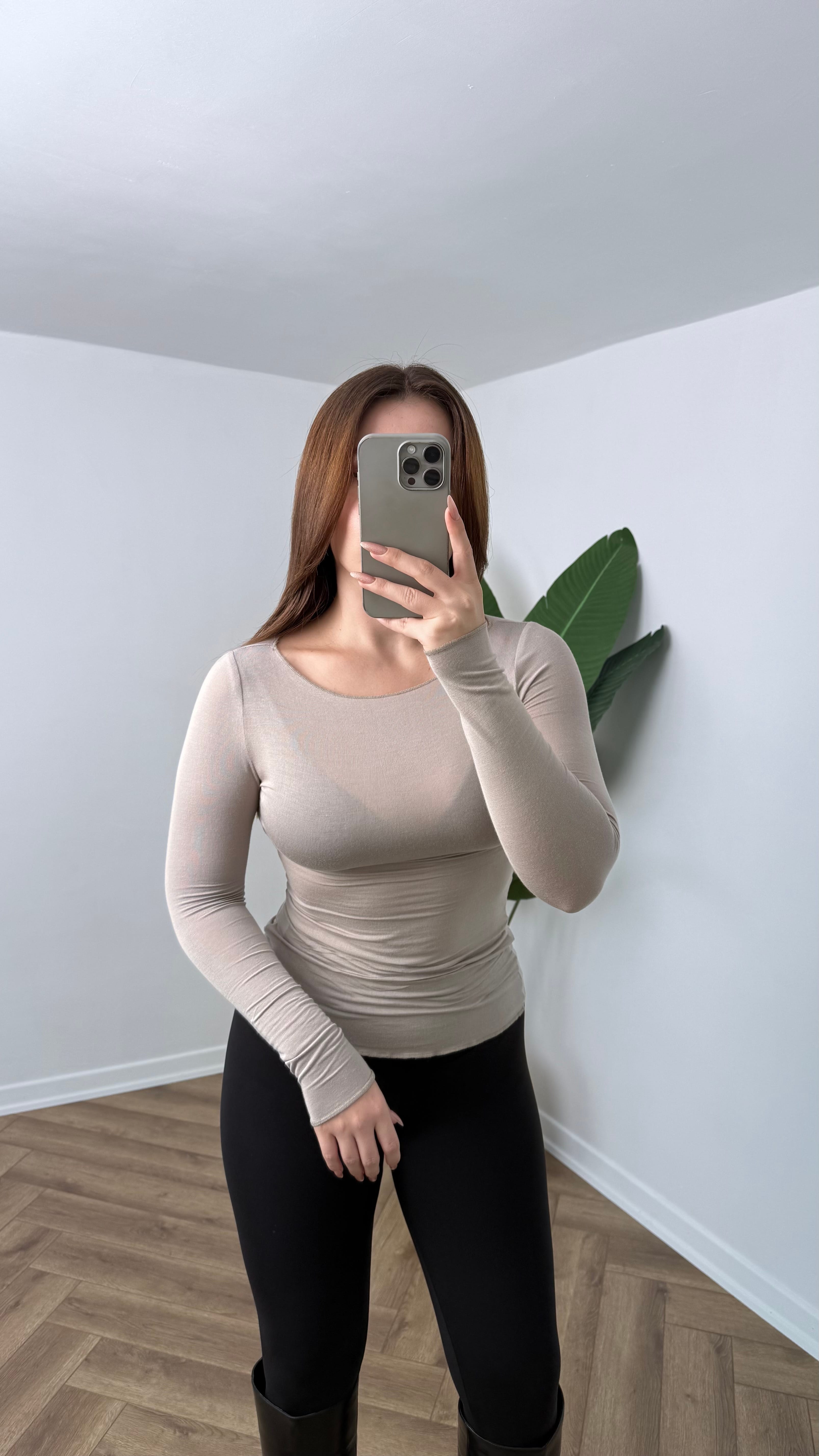 Yeni Sezon Premium Transparan Kayık Yaka Tam Bel Boy Body - Taş