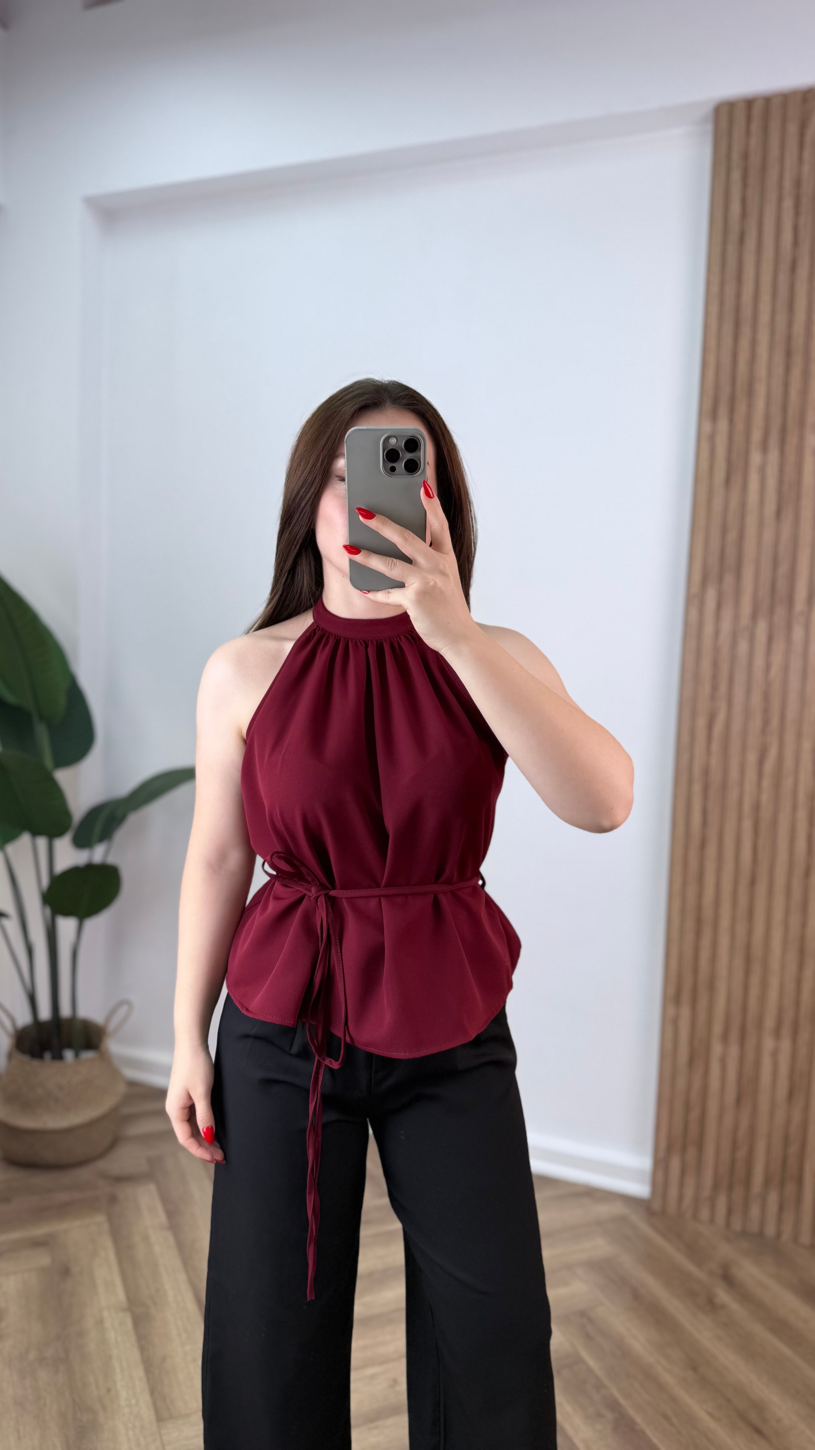 Halter Yaka İp Detaylı Şık Bluz - Bordo