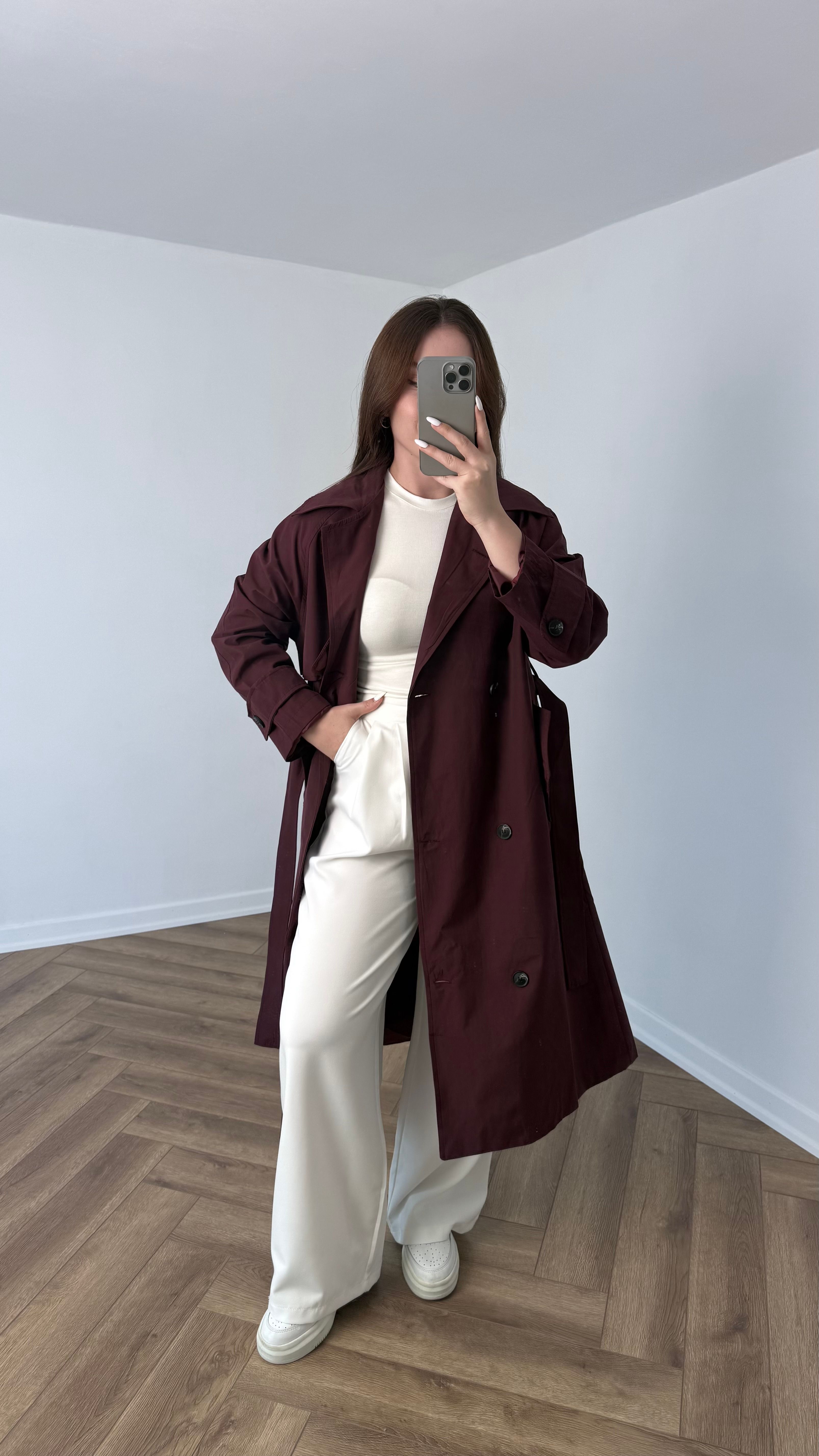 Yeni Sezon Premium Astarlı Uzun Trençkot - Mürdüm
