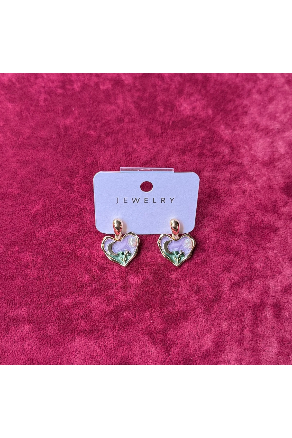 Kalp Formlu Mor ve Yeşil Detaylı Küpe