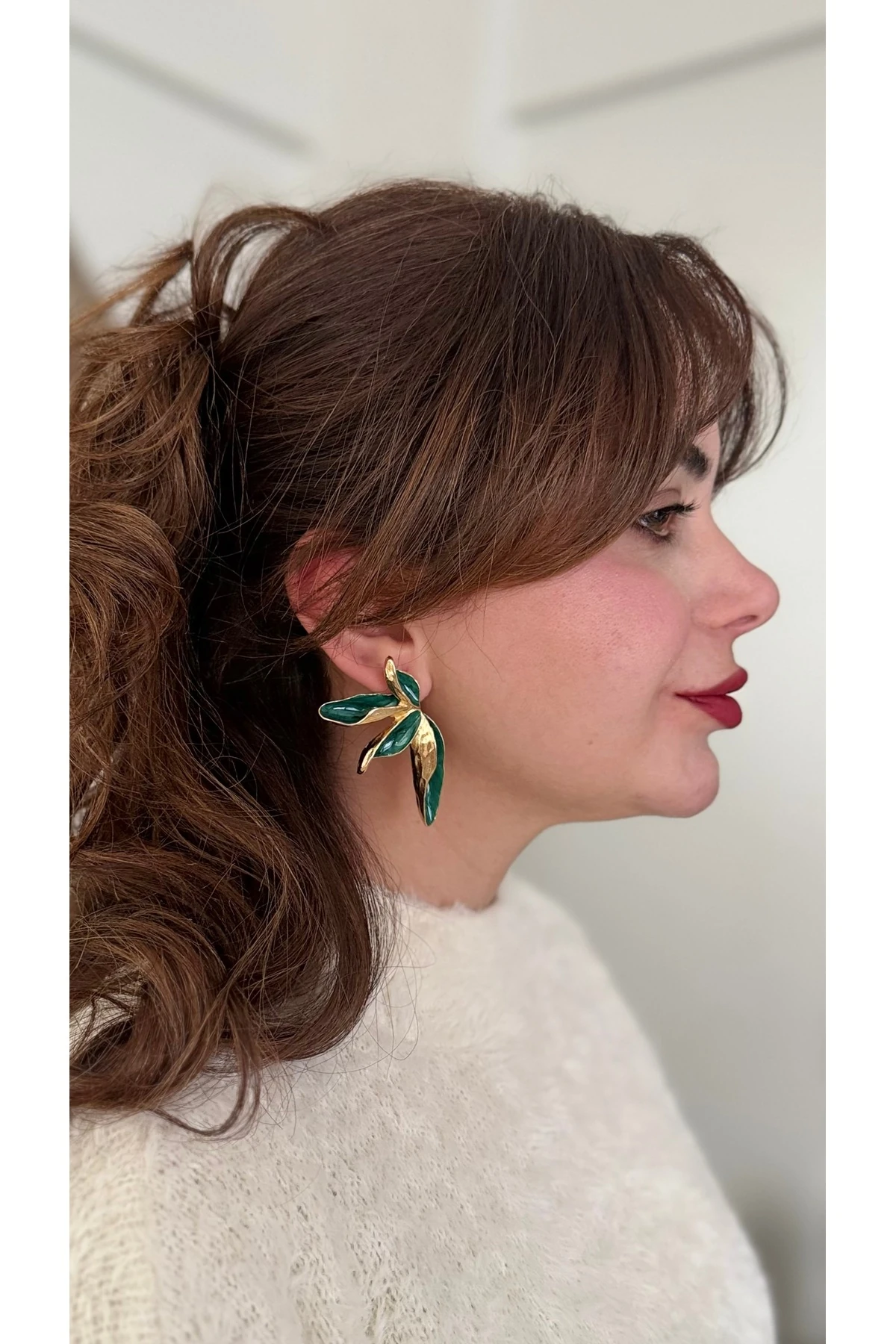 Orman Yeşili Mineli, Gold Yaprak Küpe