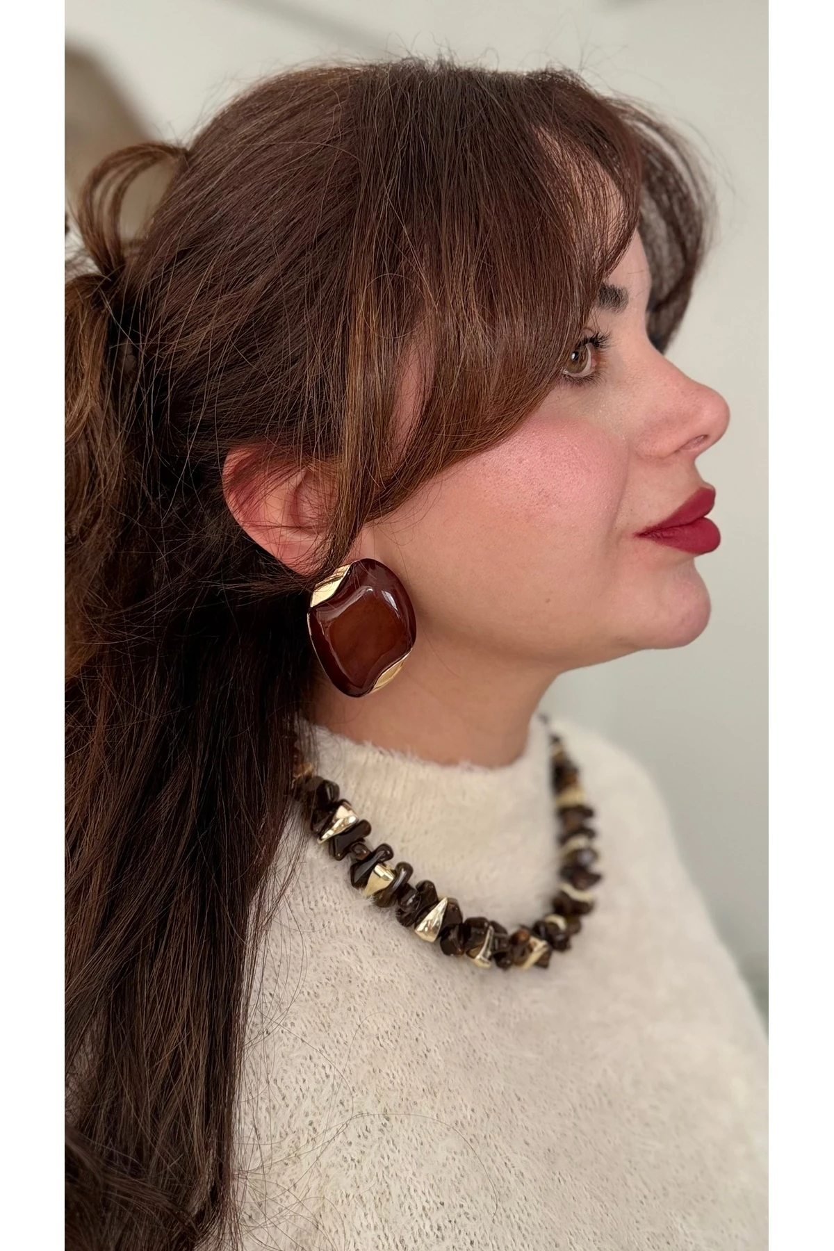 Geometrik Hatlı Büyük Form Kahve Küpe