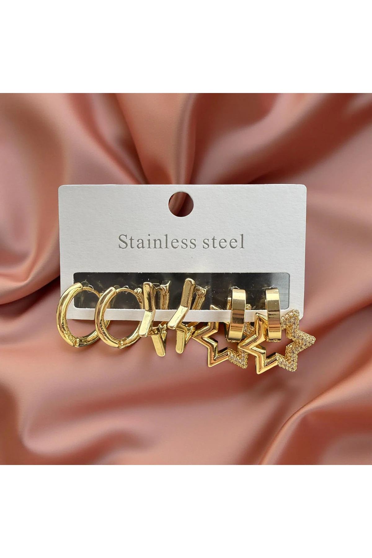 Altın Renk Yıldız ve Halka Küpe Seti (3’lü)